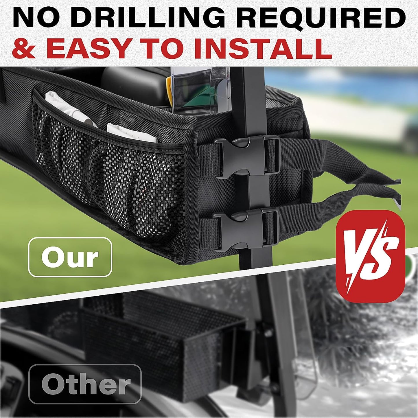 Golf Cart Storage Basket, No-Drilling Golf Cart Front Basket with Cooling Compartment & Adjustable Anti-Slip Buckle Strap, Fits Club Car, EZGO, Drive, Kandi Electric and ICON