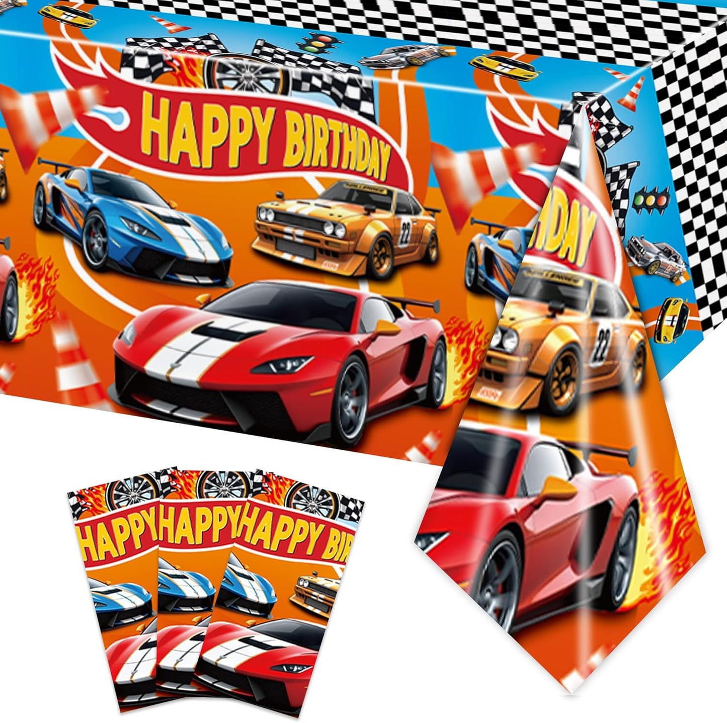 3Pcs Racing Car Plastic Tablecloth, Race Birthday Party Decorations, Checkered Table Cloth Decor 54'' x 108''