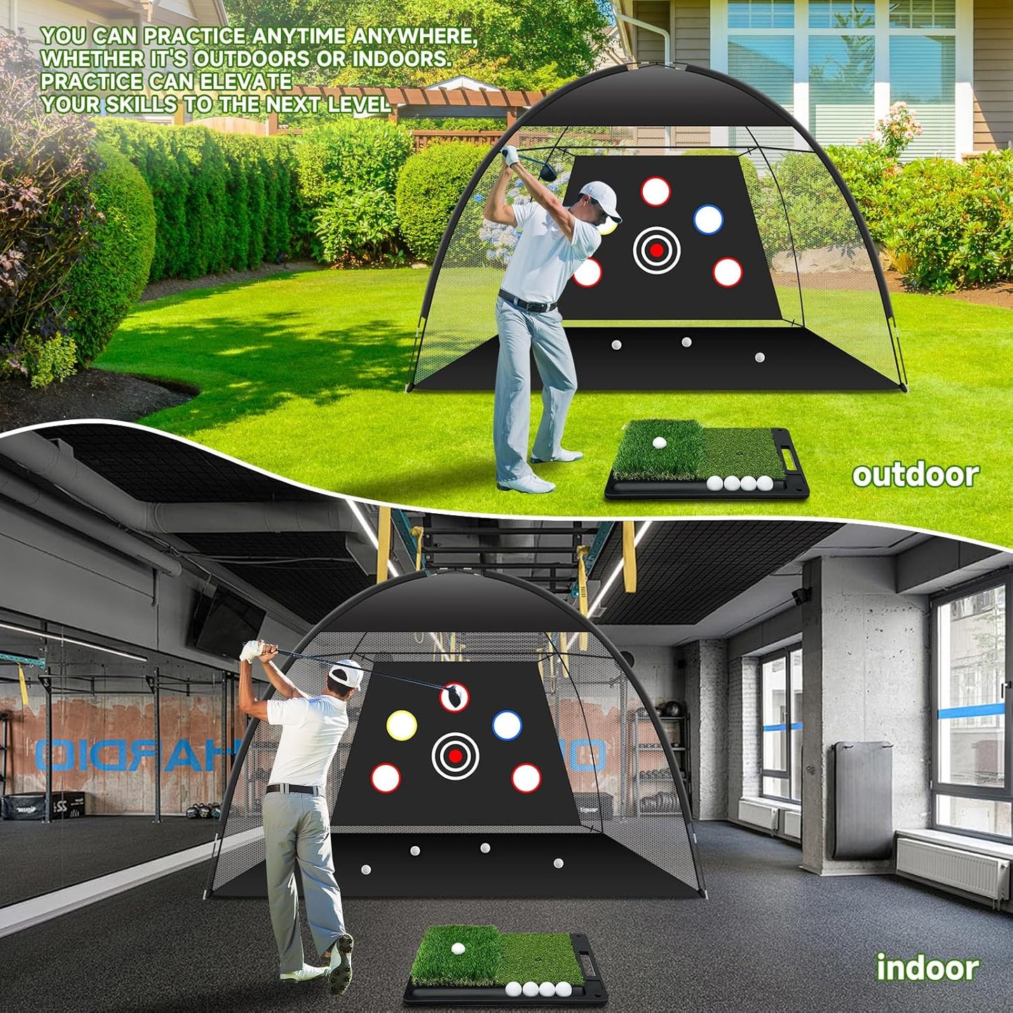 Golf Net: 10x7ft Golf Hitting Practice Net for Use，with Heavy-Duty Base Dual-Turf Mat，Suitable for Various Indoor and Outdoor Scenarios，Scenes Such As Garages, Backyards, Sandy Areas, Lawns, Etc