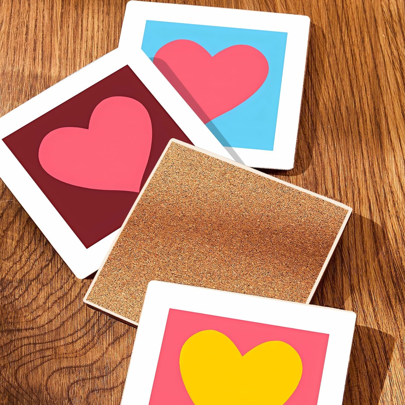 MAYCARI Love Hearts Printed Coasters Set of 6 Cork Backed Minimalist Aesthetic Coasters with Metal Holder Ceramic Surface Drink Cup Mats for Tabletop Protection Desk Decoration Valentine's Day Gifts