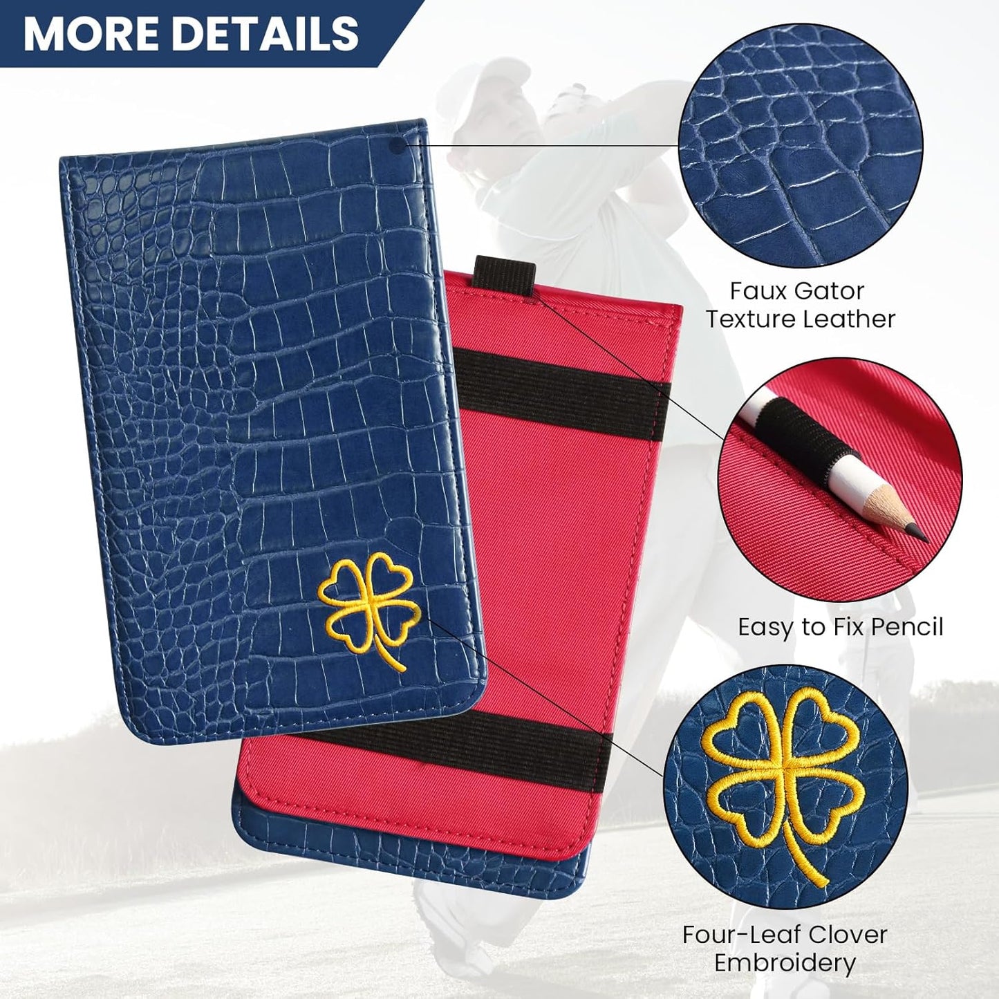 FINGER TEN Golf Scorecard Holder Leather Yardage Books Cover Lucky Clover with 2 Free Pencil Value Pack Deluxe Pocket Score Card Covers Gift for Men Women Golfer