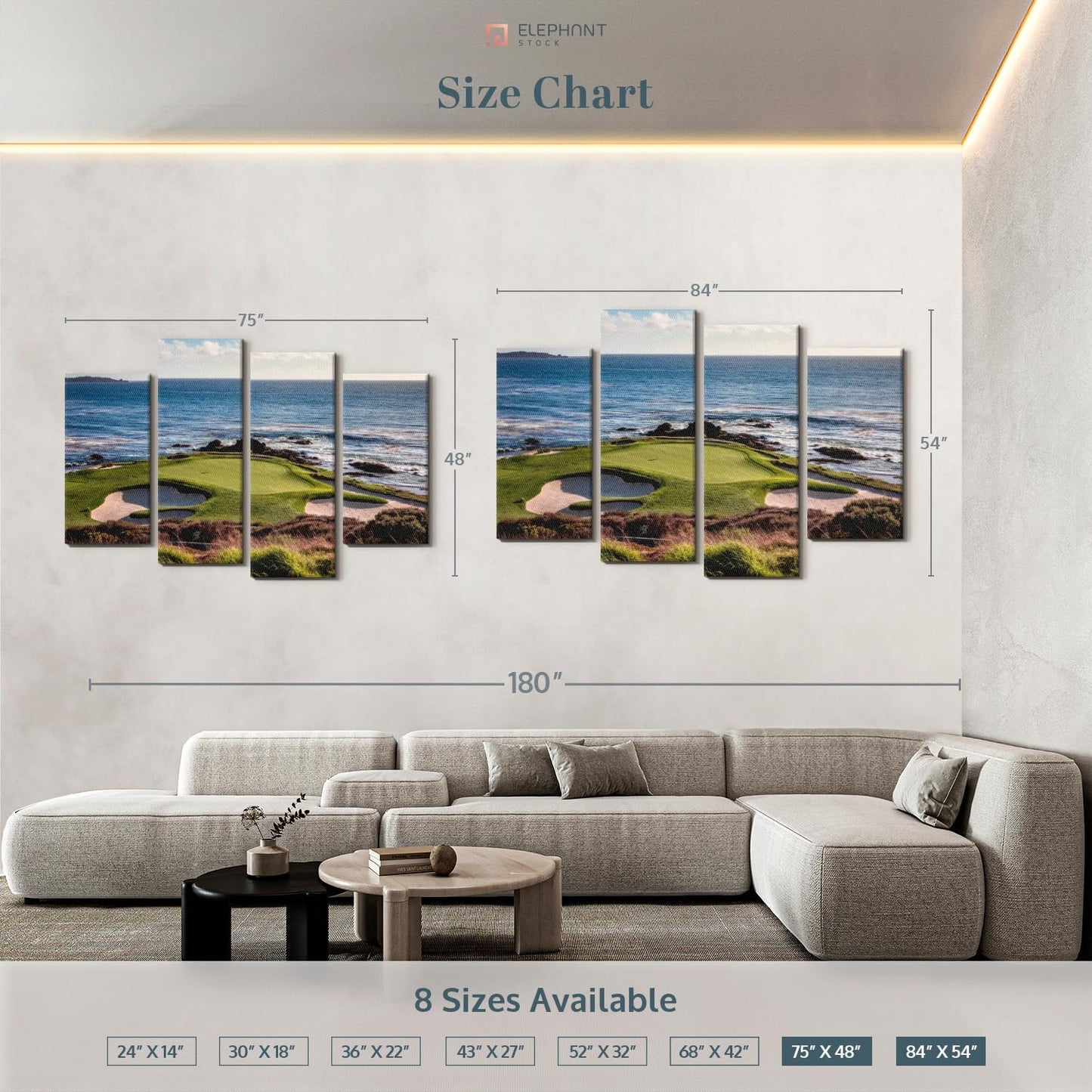 Elephant Stock California Coastline Golf Course Wall Art - Horizontal Canvas - 4-Piece Living Room Wall Decor - Photography Sports Canvas Print - Brown and Beige Decor for Wall - 75" X 48"