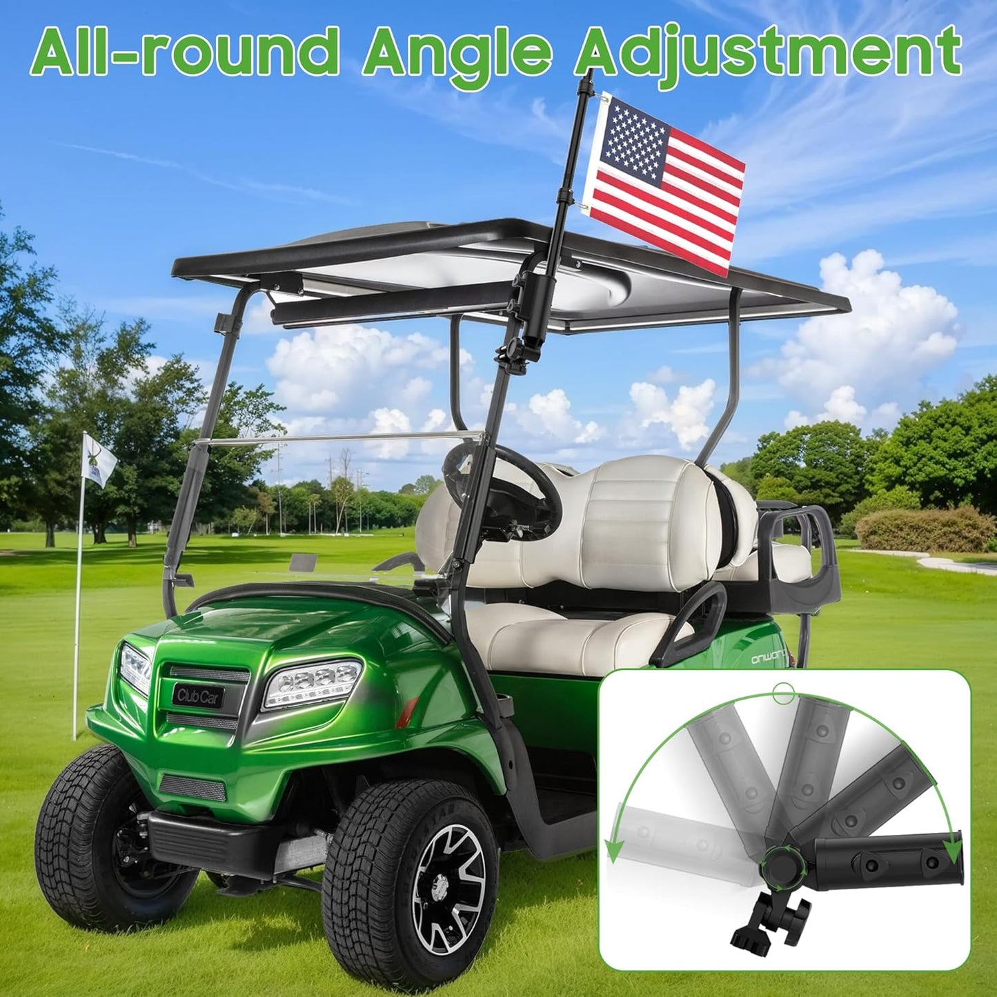 10L0L Golf Cart Flag Holder and Flag Pole Mount Kit Universal for Yamaha EZGO Club Car, Heavy Duty Bracket for Golf Cart, Golf Push Cart with USA Flags-12Inch×18Inch