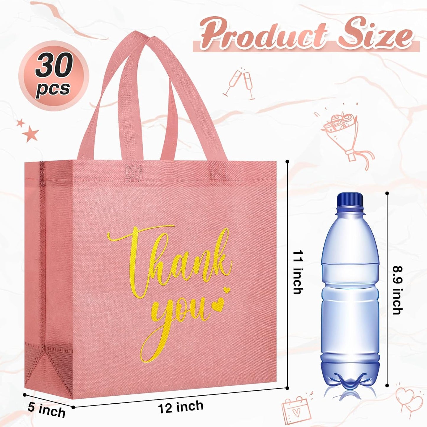 Sweetude 30 Pcs Thank You Gift Bags with Handles Bulk Reusable Goodie Bag Non Woven Foldable Handbag for Graduation Wedding Bridesmaid Gifts(11 x 12 x 5 Inch,Leather Pink)
