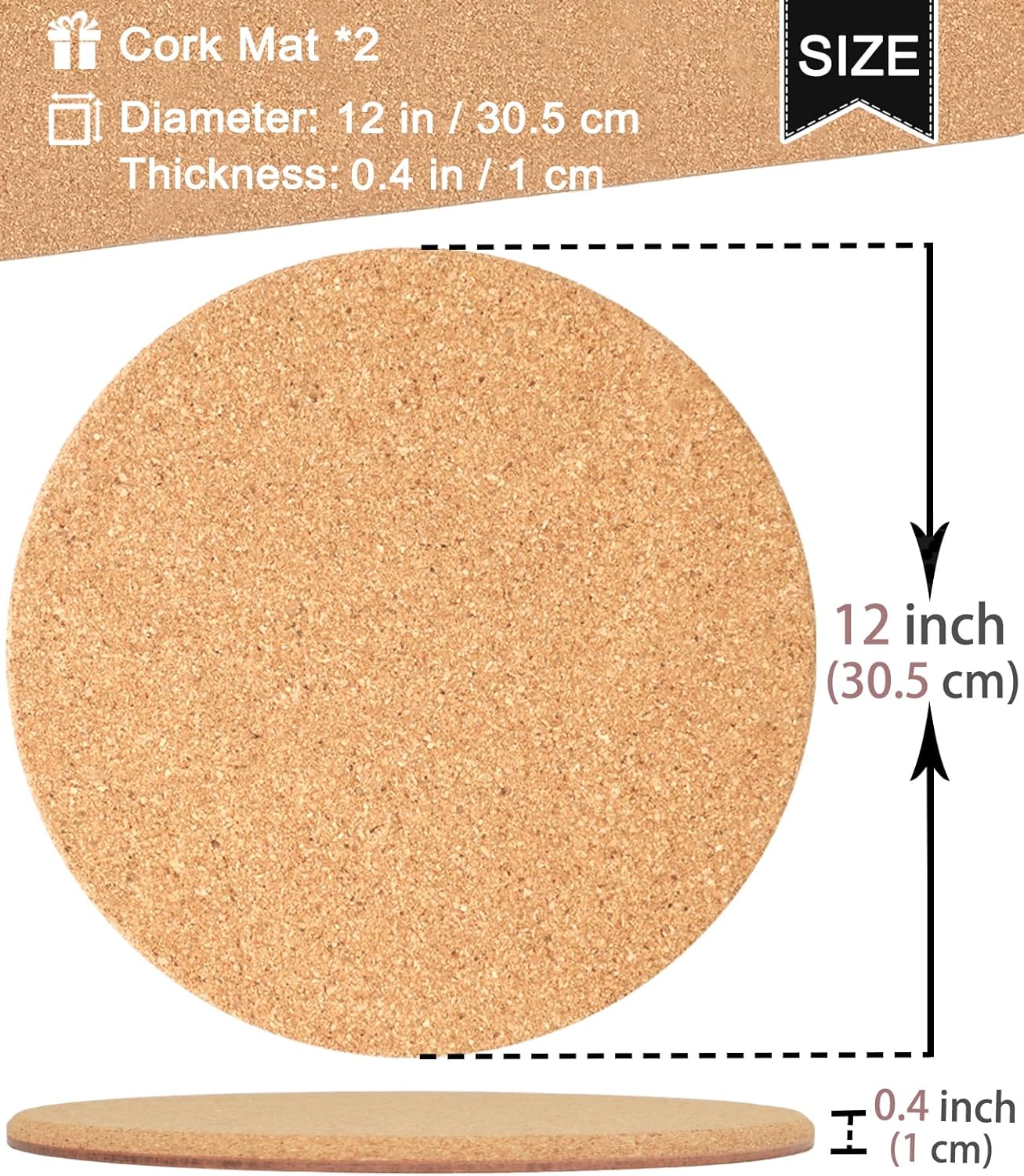 Cork Plant Coasters, Double Layers Hard Thick Planter Coaster, 12 Inch Absorbent Mats, Cork Trivets for Hot Dishes, Coasters for House Plants, 2 Pcs