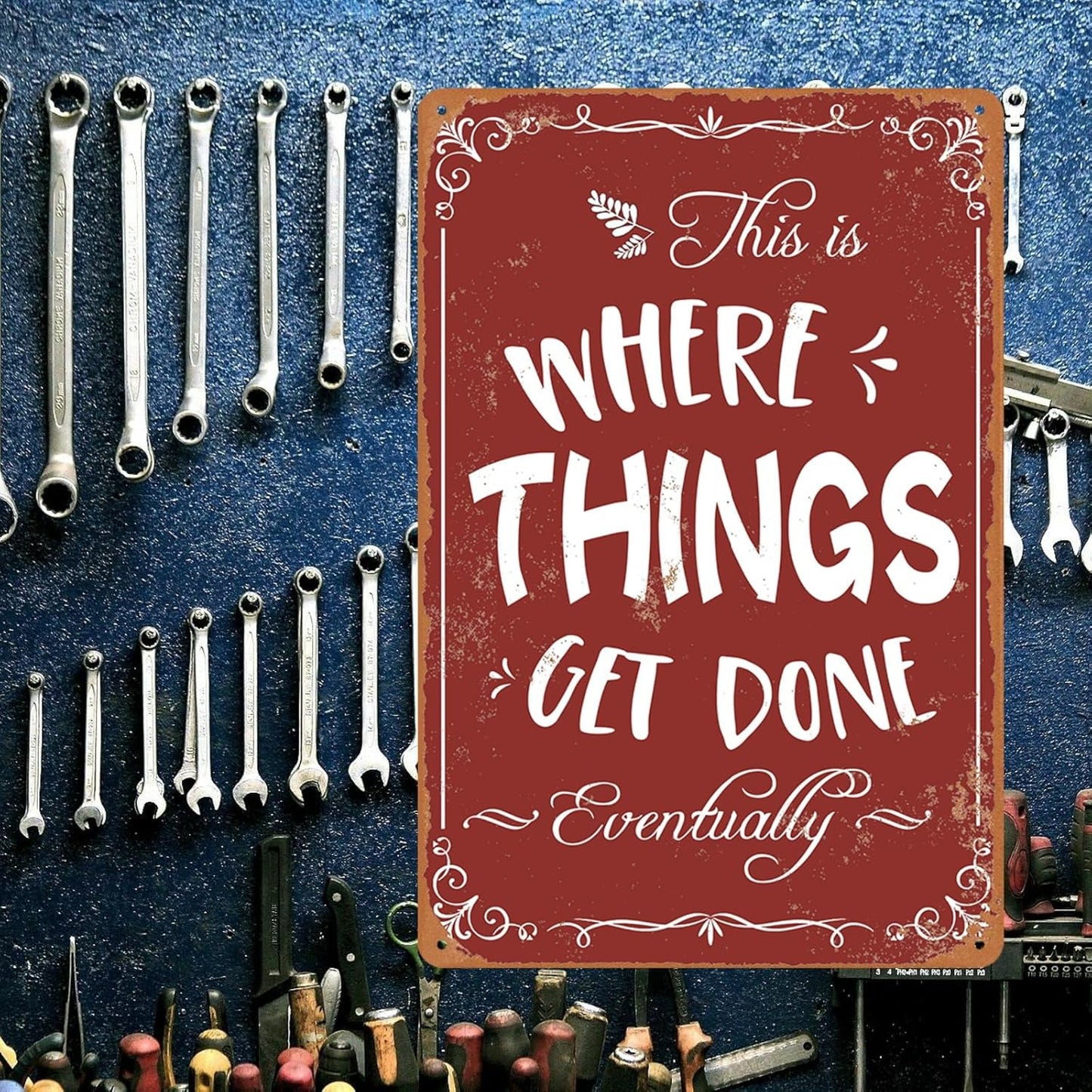 Funny Metal Garage Sign - Mechanic Shop Accessories - Man Cave Decor - Vintage 'Where Things Get Done' - 8x12 Inch