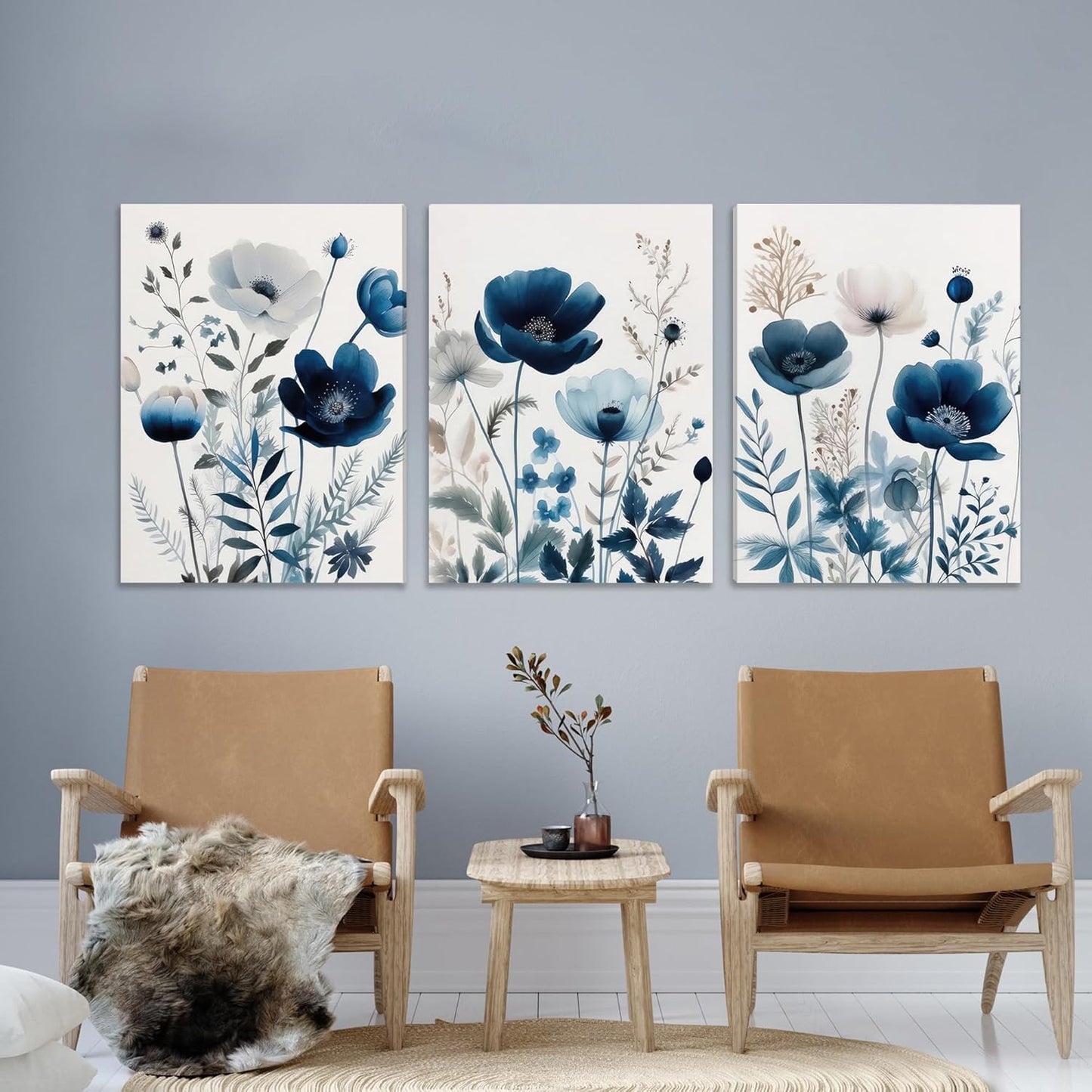 DUWQU 3 Pcs Blue Floral Canvas Wall Art, Elegant Navy Blue Wildflower Lily Daisy Art Wall Decor, Watercolor Botanical Flower Home Poster Art Prints for Living Room Bedroom Bathroom 12×16 Inches