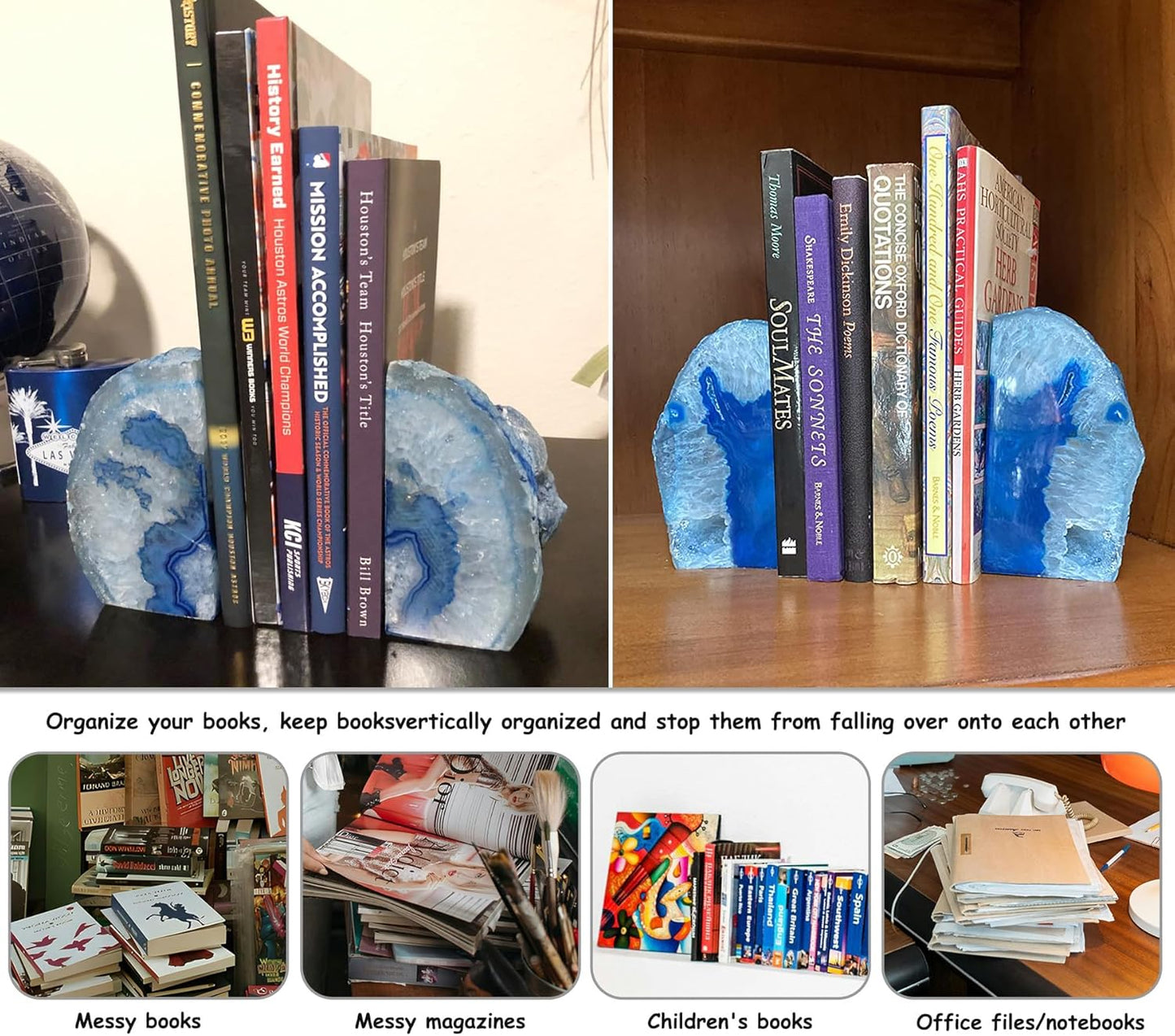 AMOYSTONE Blue Agate Stone Bookends, Decorative Book Holder for Office and Home Shelves, 3-4 LBS Stylish and Functional Bookends,with Rubber Bumpers