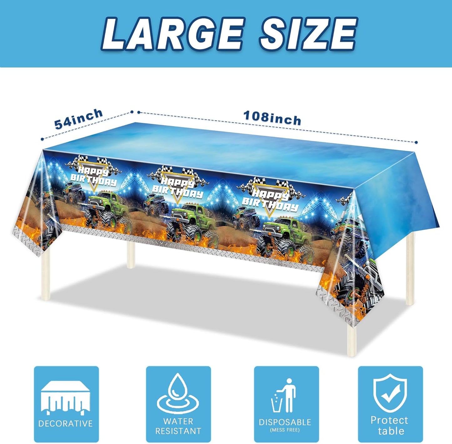 3 Pcs Monster Truck Birthday Party Tablecloths Plastic Disposable 108 x 54 Inches for Truck Theme Kid's Boys Birthday Shower Party Supplies
