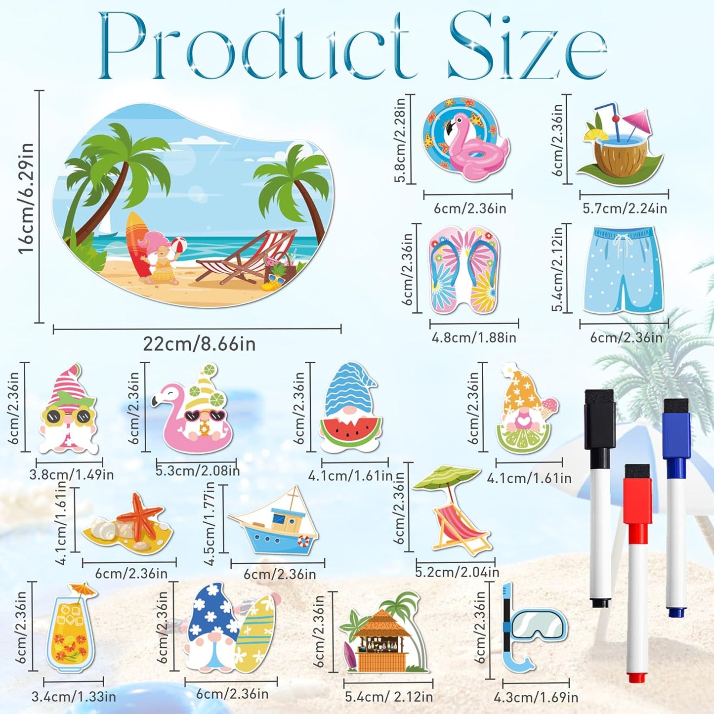 Cruise Door Decorations Magnetic, 16 Pcs Tropical Vacation Hawaii Beach Gnome Funny Cruise Magnets, Customizable Magnetic Ship Cabin Door Signs Fridge Decor, with 3 Pcs Pens