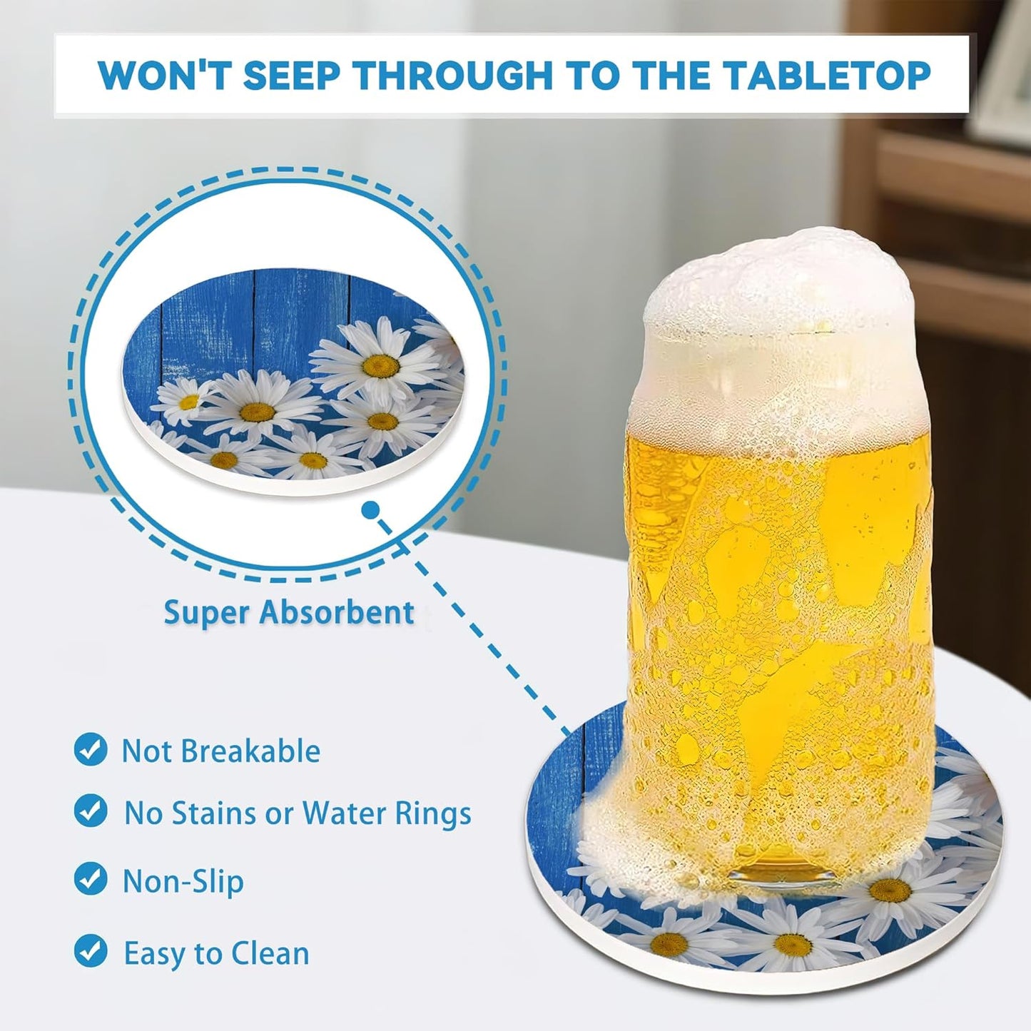 Blue Daisy Wood Round 4" Cup Coasters Set of 4, Absorbent Ceramic Stone Coasters with Cork Base, Ideal Home Decor Gifts for Women Men