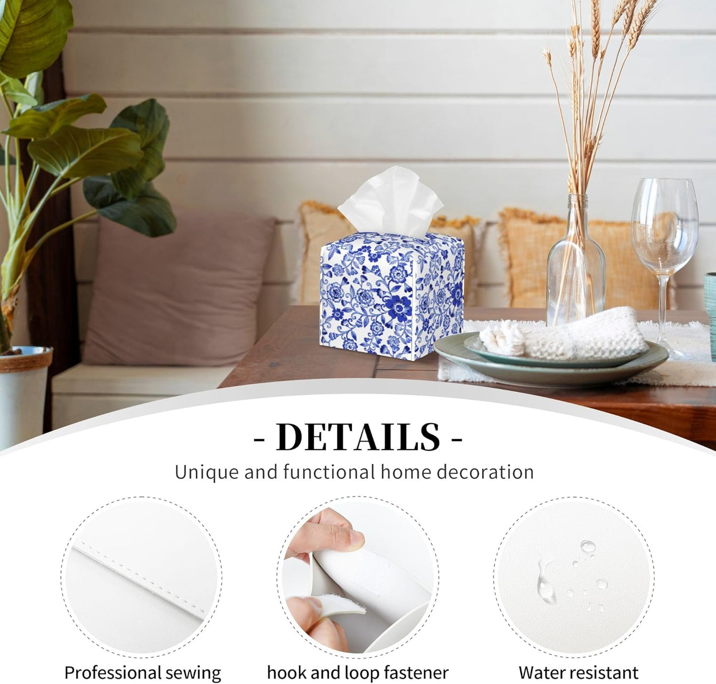 Tissue Box Cover,Blue and White Porcelain Flowers Pu Leather Square Tissue Box Cover Case Decorative Organizer for Bathroom Vanity Countertop Night Stands Office Desk & Car 5.2X5.2X5.2''