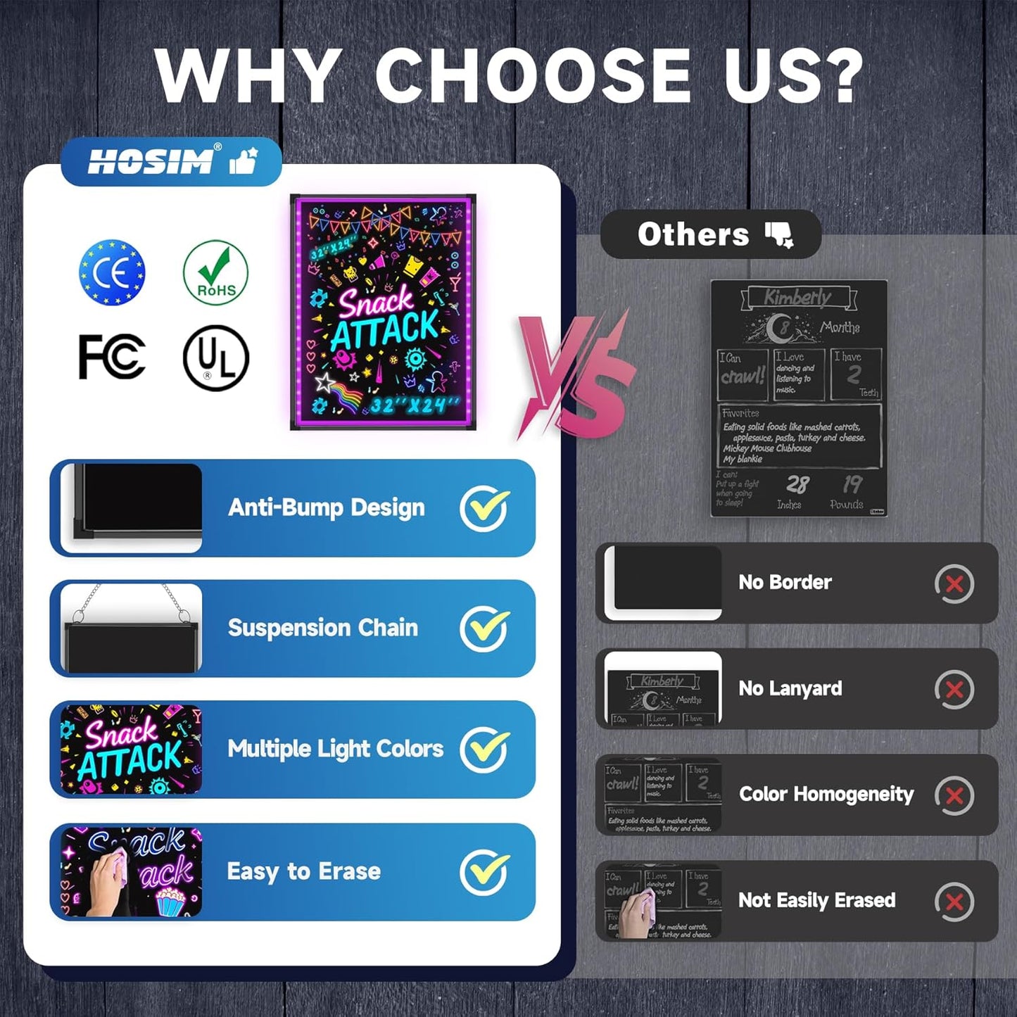 Hosim LED Message Writing Board, 16"X 12" Illuminated Erasable Neon Effect Restaurant Menu Sign with 8 Colors Markers, 7 Colors Flashing Mode DIY Message Chalkboard for Kitchen Wedding Promotions