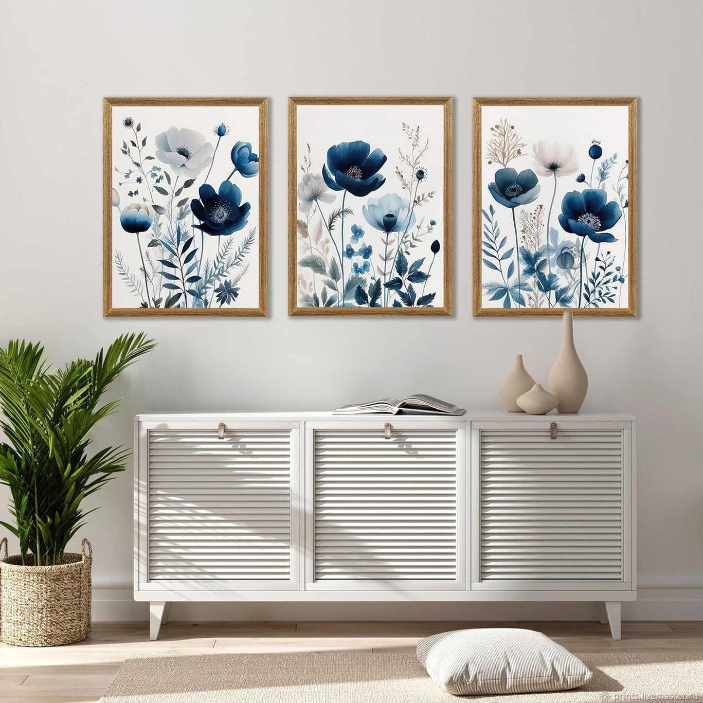DUWQU 3 Pcs Blue Floral Canvas Wall Art, Wood Framed Navy Blue Wildflower Lily Daisy Art Wall Decor, Watercolor Botanical Flower Home Poster Art Prints for Living Room Bedroom Bathroom 12×16 Inches