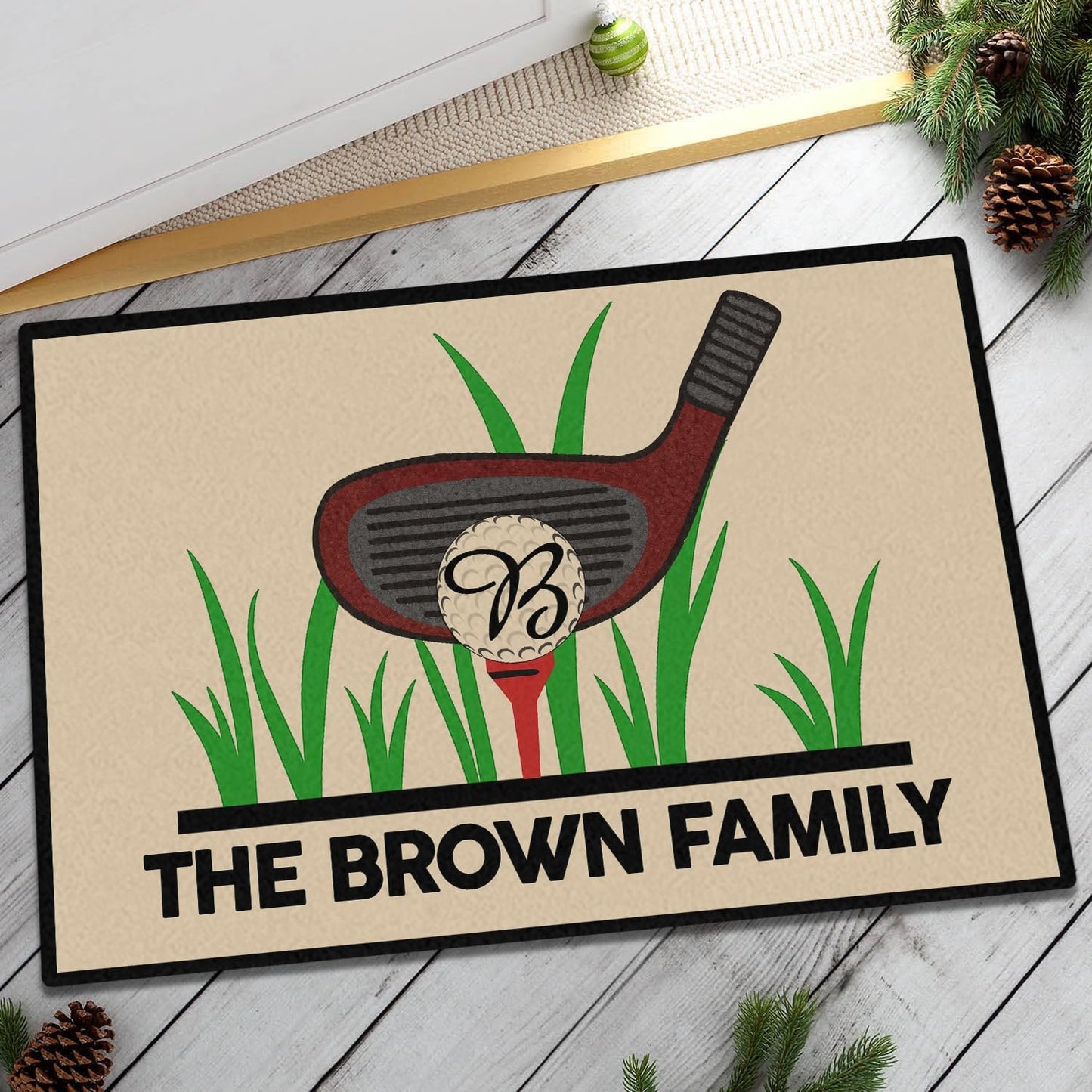 Personalized Golf Non-Slip Doormat with Family Name – Custom Entry Rug Featuring Club, Tee, and Monogram Golf Ball – Durable Outdoor Welcome Mat for Garage, Porch, Golf Cart Area, or Patio Entrance