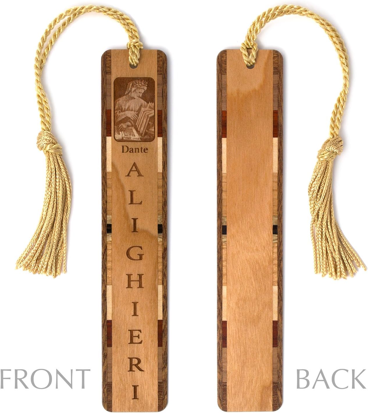 Dante Alighieri, Italian Poet Portrait and Name, Engraved Wooden Bookmark - Made in USA