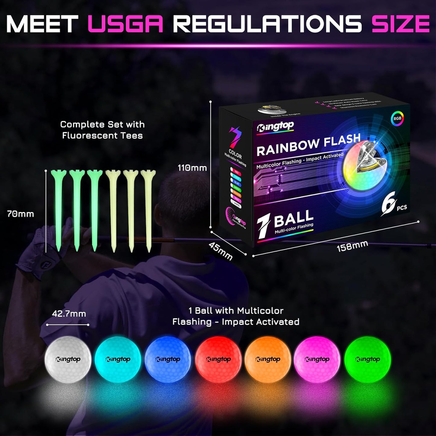 KINGTOP Upgraded Glow in The Dark Golf Balls - Super Bright Light Up LED Golf Ball - with Glow Golf Tees and Storage Bag - Fun Night Golfing Gift for Men and Women | Backyard Putting Greens