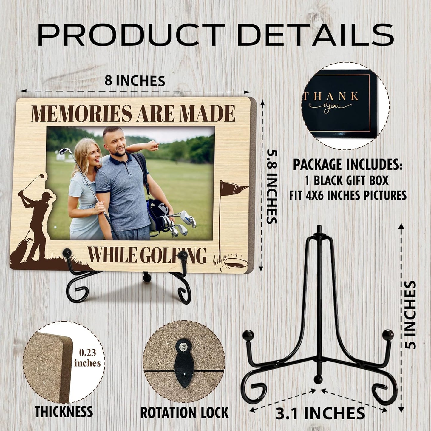 Special Golf Gifts for Family Golfer, Warm Memory Gifts for Female Male Friend, Golf Decorative Photo Frame, Horizontal Wooden Picture Frame with Stand, Home Office Desk Decor-B27