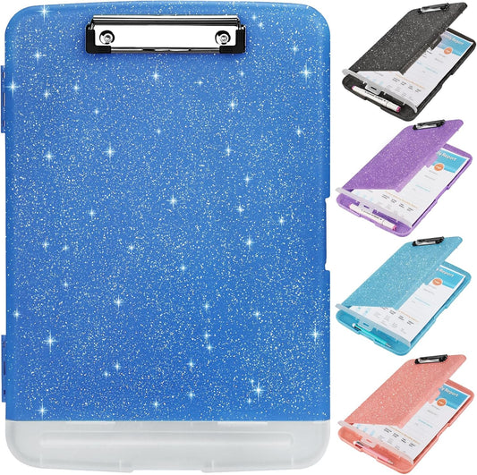 Glitter Clipboard with Storage,Storage Clipboard with Pen Holder,A4 Binder Clip Boards 8.5x11 with Low Profile Clip,Side Opening Sparkle Clipboards, Clipboards Folder for Office Supplies-Starsky Blue