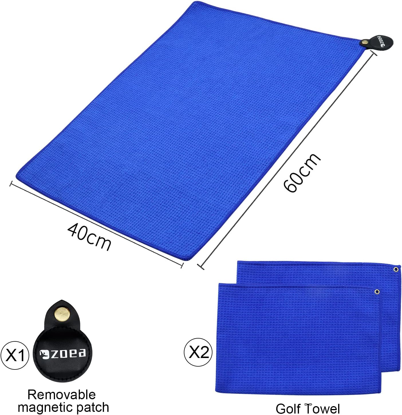 ZOEA Magnetic Towel, Magnetic Clip for Golf Towel, Microfiber Fabric Waffle Pattern Towels Industrial Strength Magnet for Strong Hold to Golf Carts or Clubs (2, Blue)