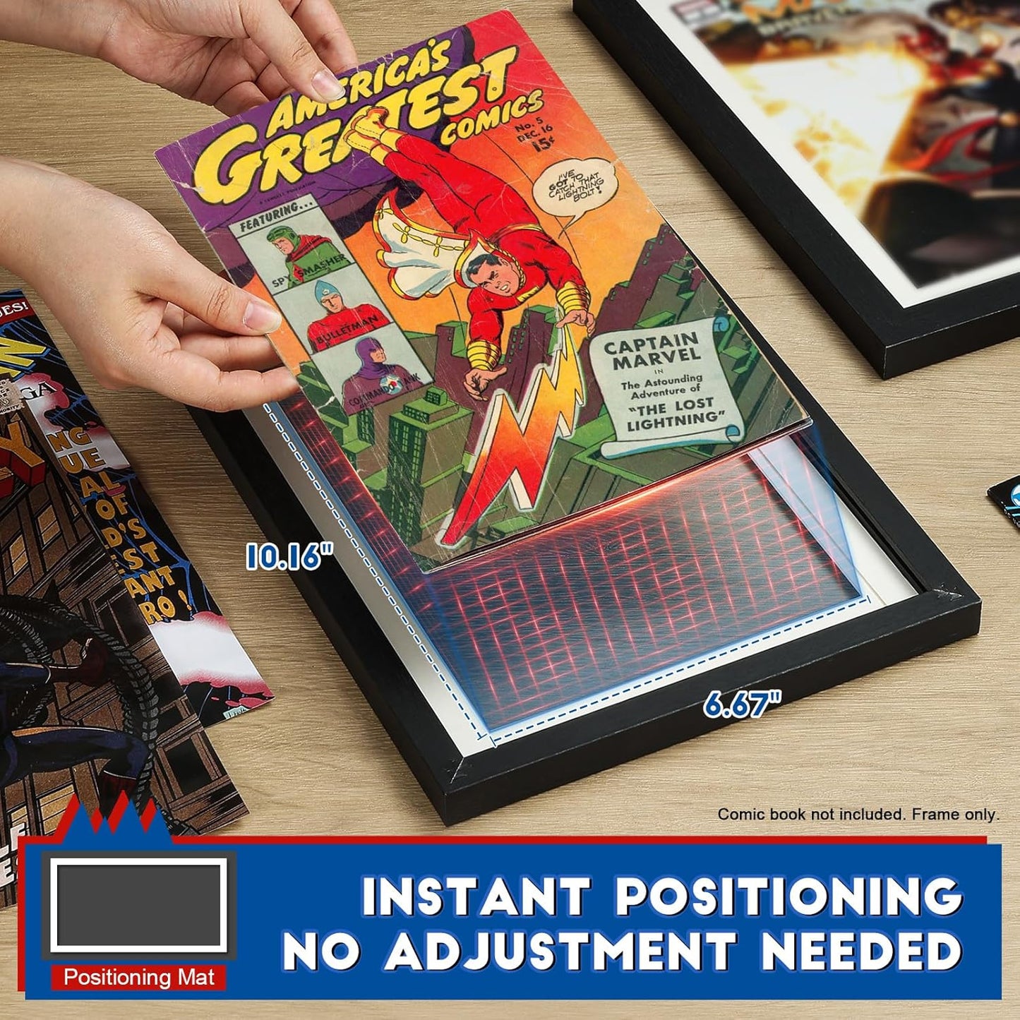 JupDec Comic Book Frame, Premium Wood Display Case for 6 11/16" × 10 3/16" Comic, Wall Mount or Tabletop Stand, Layered Design with Positioning Mat, Perfect for Home Decor, 4 Pack, White