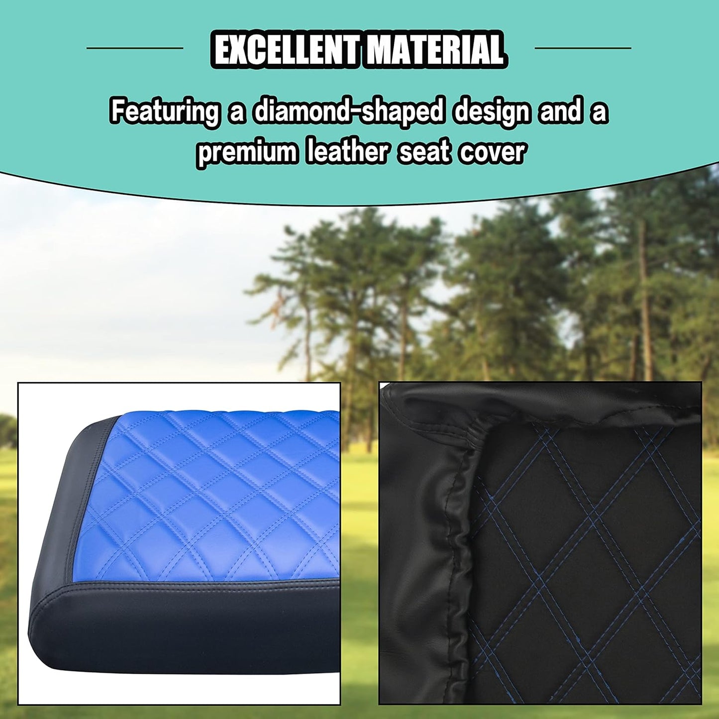 NOKINS Golf Cart Diamond Seat Covers Kit, Fit for EZGO TXT 1994-2013/EZGO RXV OEM Standard Front Seat Cushion, Golf Cart Vinyl Seat Cover, No Nails Required (Blue and Black)