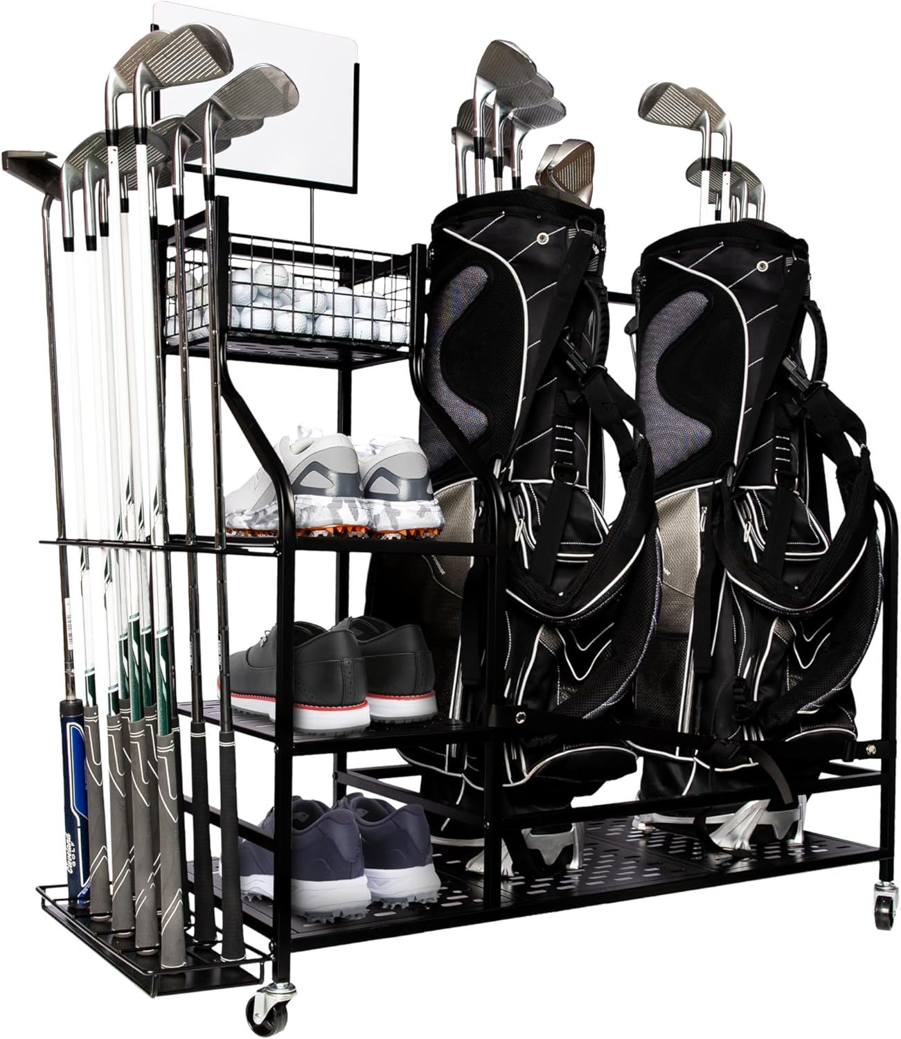 Heavy-Duty Golf Storage Rack for Garage – Holds 2 Golf Bags – Freestanding Organizer with Shelves, Club Stand, Hooks & Basket – Perfect for Shed, Backyard, Home Simulators, Basement