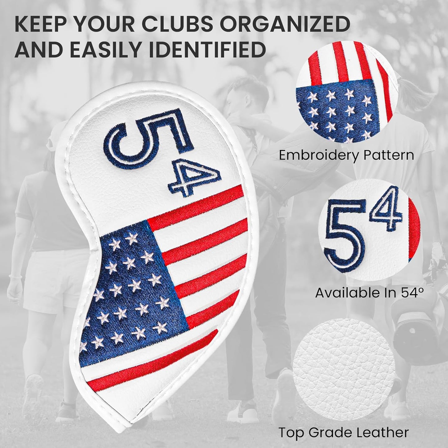 Golf Iron Wedge Head Covers 52° 54° 56° 60° 1 or 4 Pack, Synthetic Leather Clover USA Flag Design Club Head Protection, Universal Headcover Fit Iron Clubs for Men Women