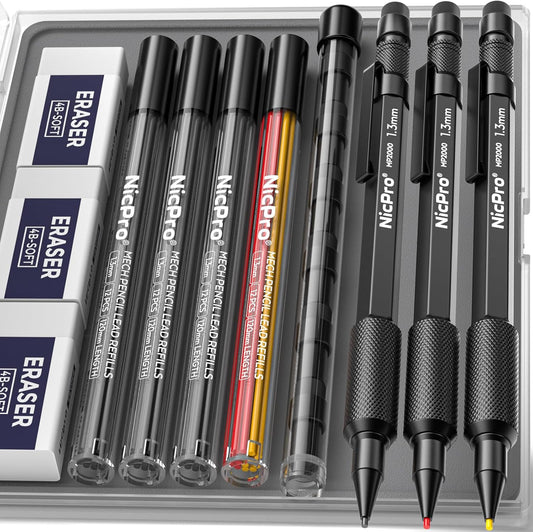 Nicpro 3 PCS 1.3 mm Blacke Mechanical Pencils Set with 48 Lead Refill, 3 Eraser - Weatherproof Metal Barrel, Heavy Duty Carpenter Pencil MP2000 for Outdoor Marking Drafting Drawing Woodworking