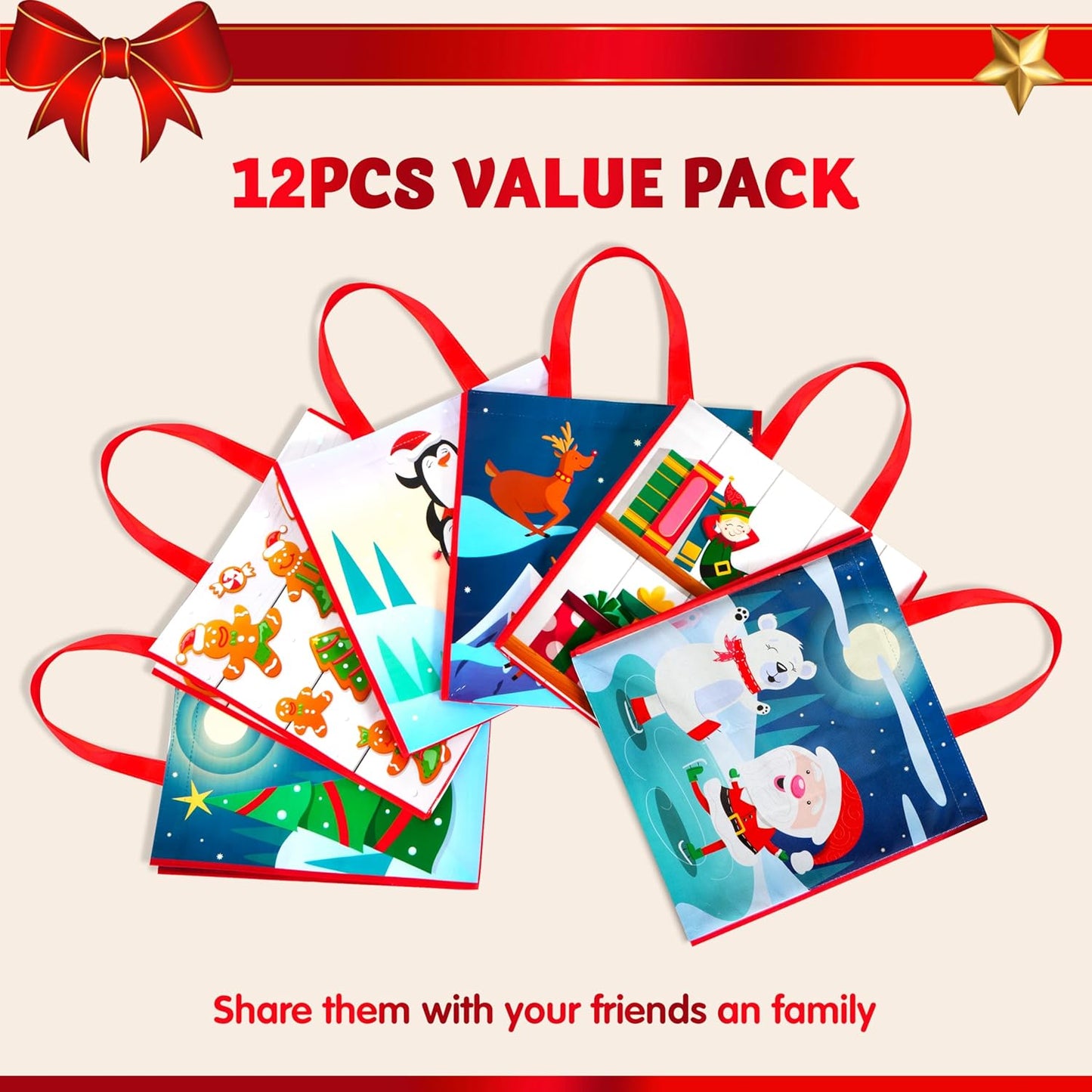 JOYIN 12 PCS Christmas Large Gift Bags with Handles 13.75" x 14", Non-Woven Tote Bag for Wrapping Xmas Party Favors, Reusable Grocery Bags, Party Supplies