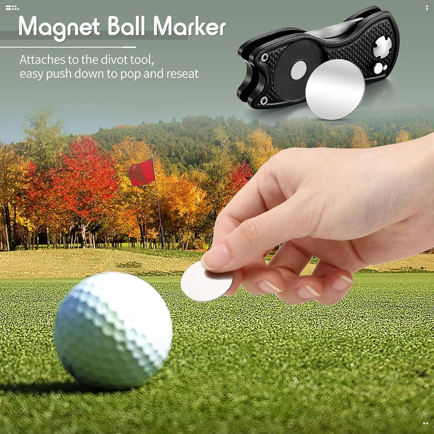 Skylety 4 Pcs Golf Divot Repair Tool Metal Foldable Golf Divot Tool with Magnetic Pop-up Button Ball Marker Stainless Steel Switchblade for Golfers Prizes