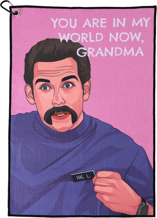 ZEETY Funny Golf Towel – 16" x 24" Premium Microfiber with Clip Holder for Golf Bags – Golf Accessories & Gifts for Men and Women (My World, Grandma)