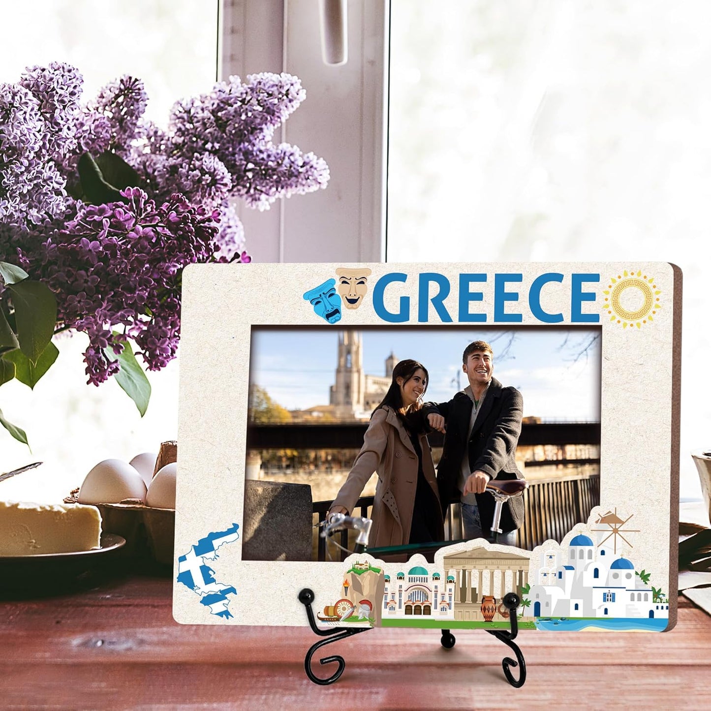 Greece Travel Picture Frame, 5 x 8 Greece Themed Wooden Photo Frame with Stand, Vacation Anniversary Honeymoon Gifts For Friend Family Couples, Home Office Desk Decorations-A15