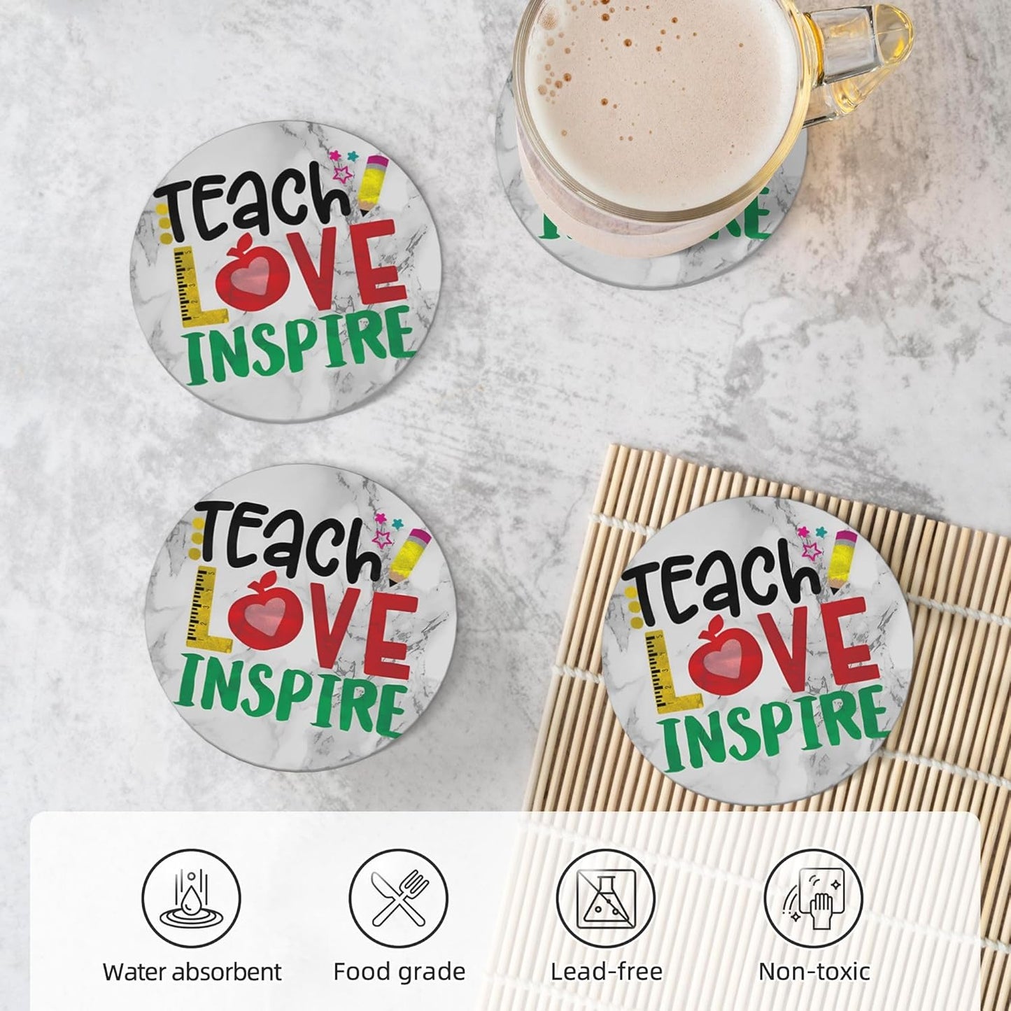Teach Love Inspire Teacher Coasters for Drinks Set of 4, White Marble Absorbent Ceramic Drink Coasters for Coffee Table Wooden Table Cup Bar, 4 Inches
