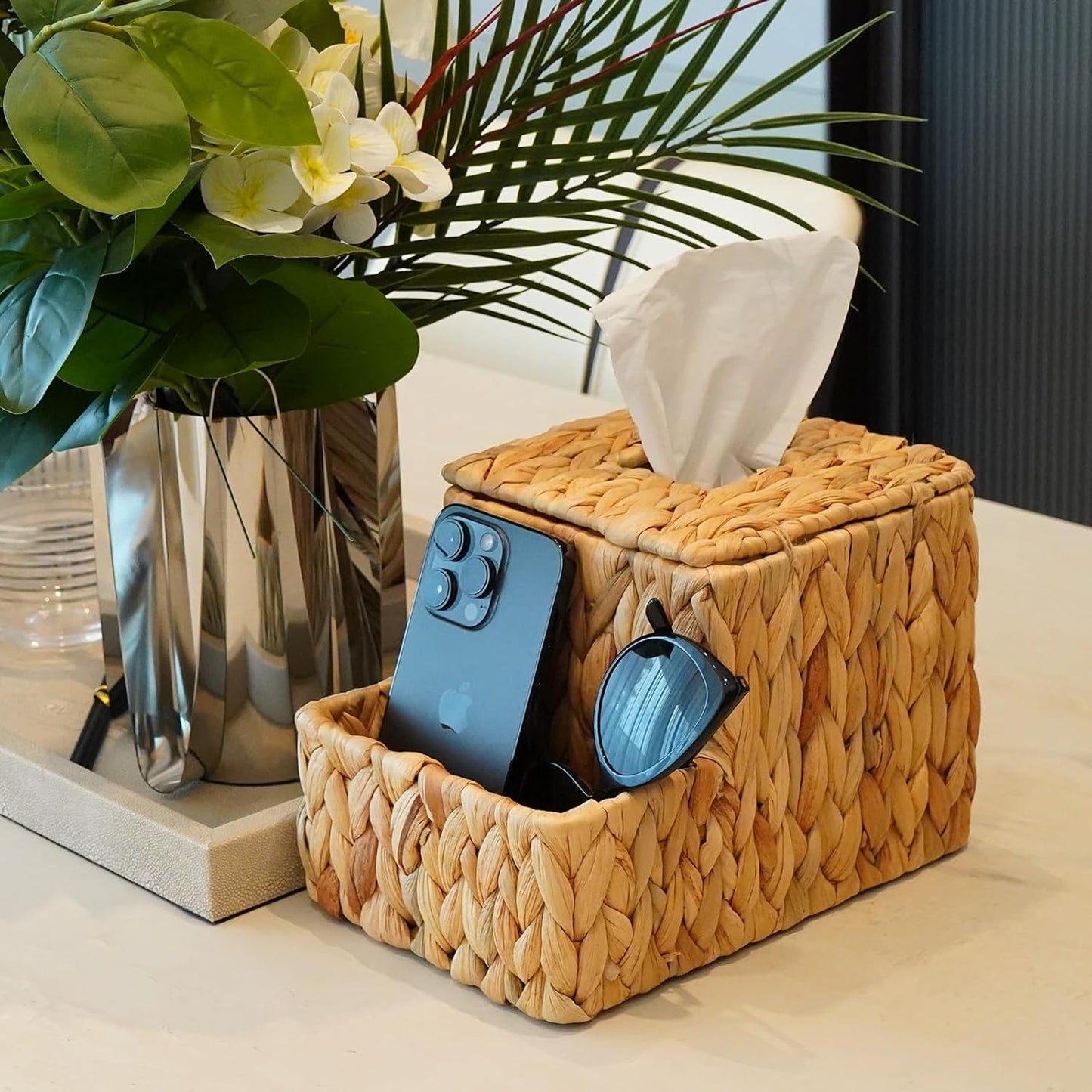 PINXIURY Water Hyacinth Tissue Box Cover Square, Tissue Box Holder, Tissue Box with Remote Organizer, Bedside Organizer, Remote Holder for Bedroom, Livingroom, Office