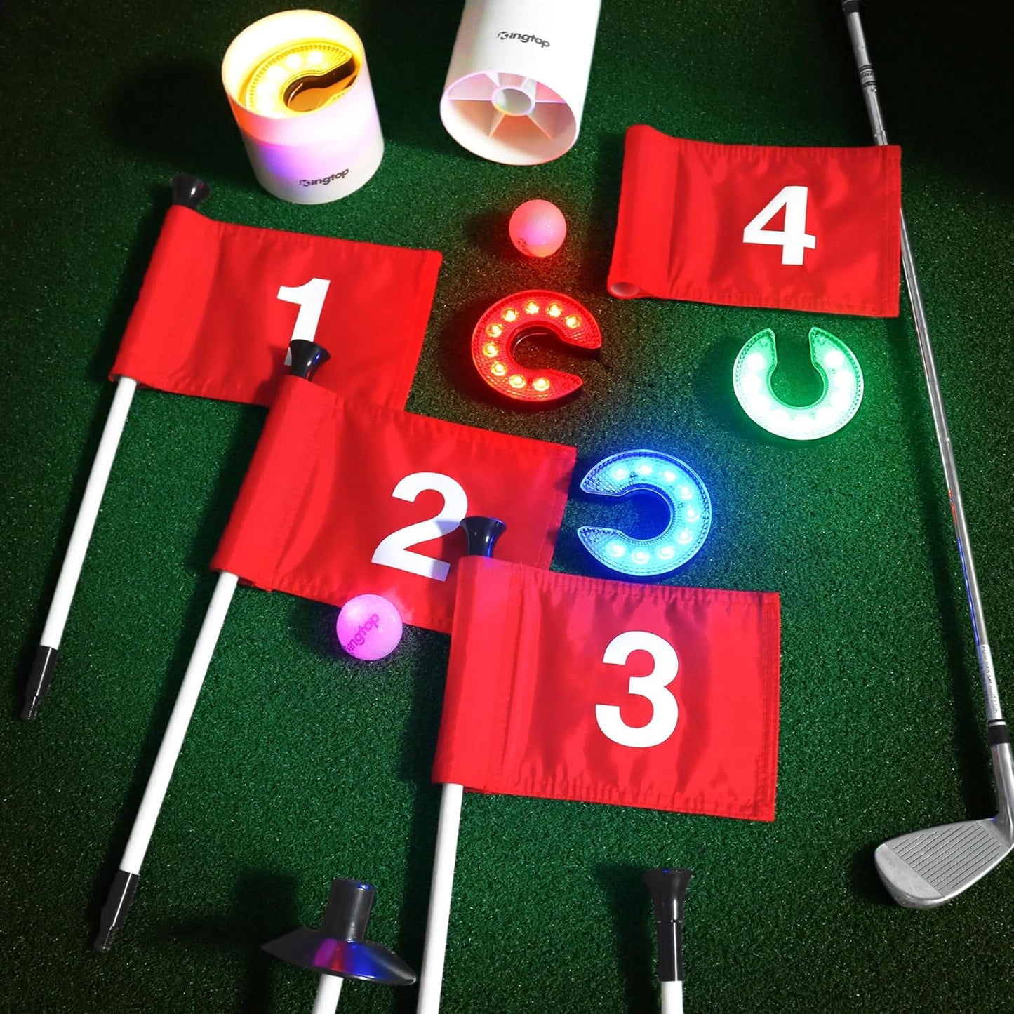 KINGTOP Mini Golf Flagstick with RGB Hole Light, Practice Putting Green Flags for Yard, Golf Pin Flag Hole Cup Set, Light Up Night Golf Party, 4-Pack