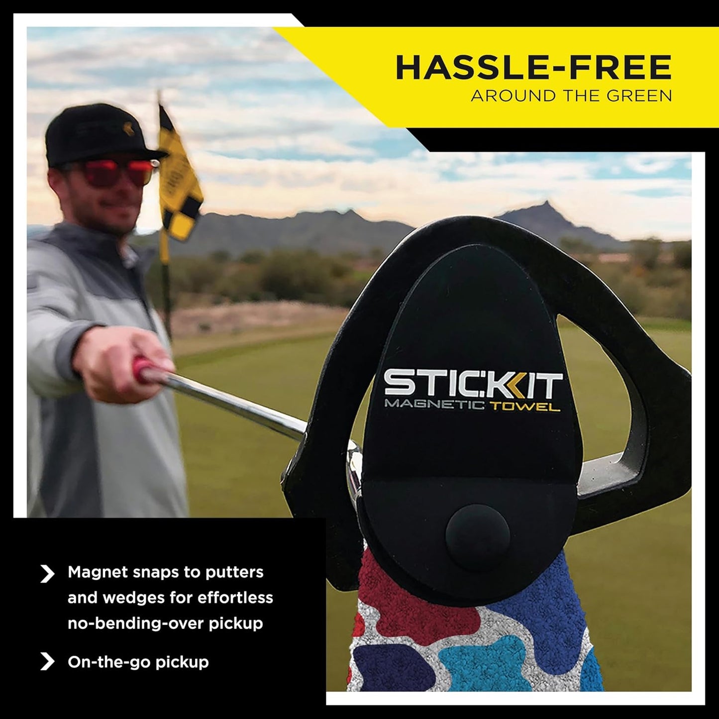 STICKIT Magnetic Golf Towel, Patriotic Camo | Top-Tier Microfiber Golf Towel with Deep Waffle Pockets | Industrial Strength Magnet for Strong Hold to Golf Carts or Clubs | Red, White and Blue Camo