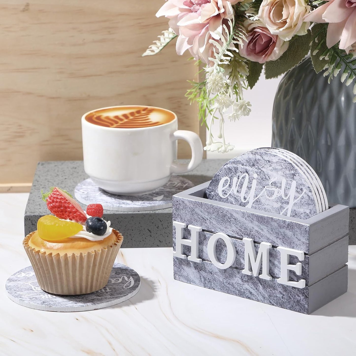 Queekay Housewarming Gifts for Home Decoration Wooden Heart Coasters for Drinks 6 Set Farmhouse Coasters with Holder Funny for Family Coffee Table Protection, 4''(Gray Marble)