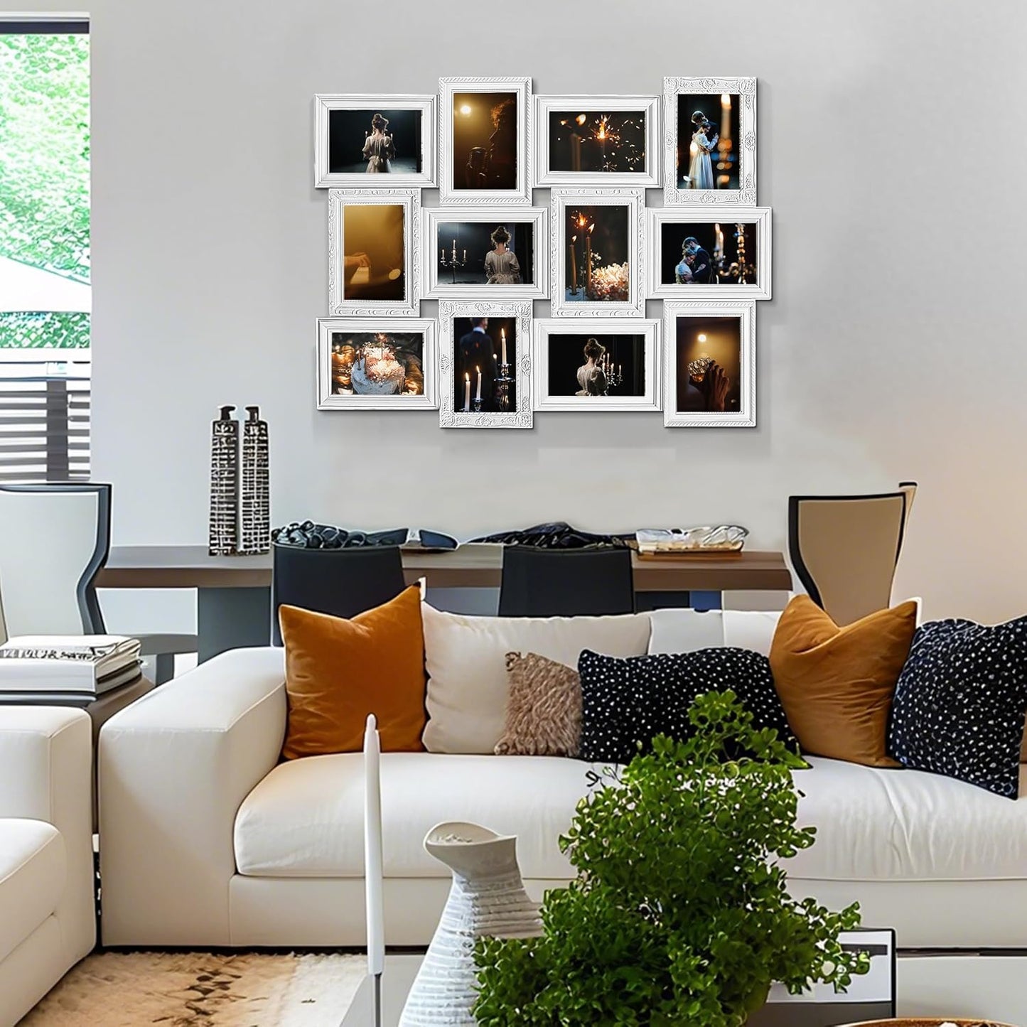 Jerry & Maggie 12 Opening Collage Photo Frame Rustic 23×18 Vintage Embossed Finish PVC Picture Frames Selfie Gallery Collage Wall Hanging For 6×4 Photo, White