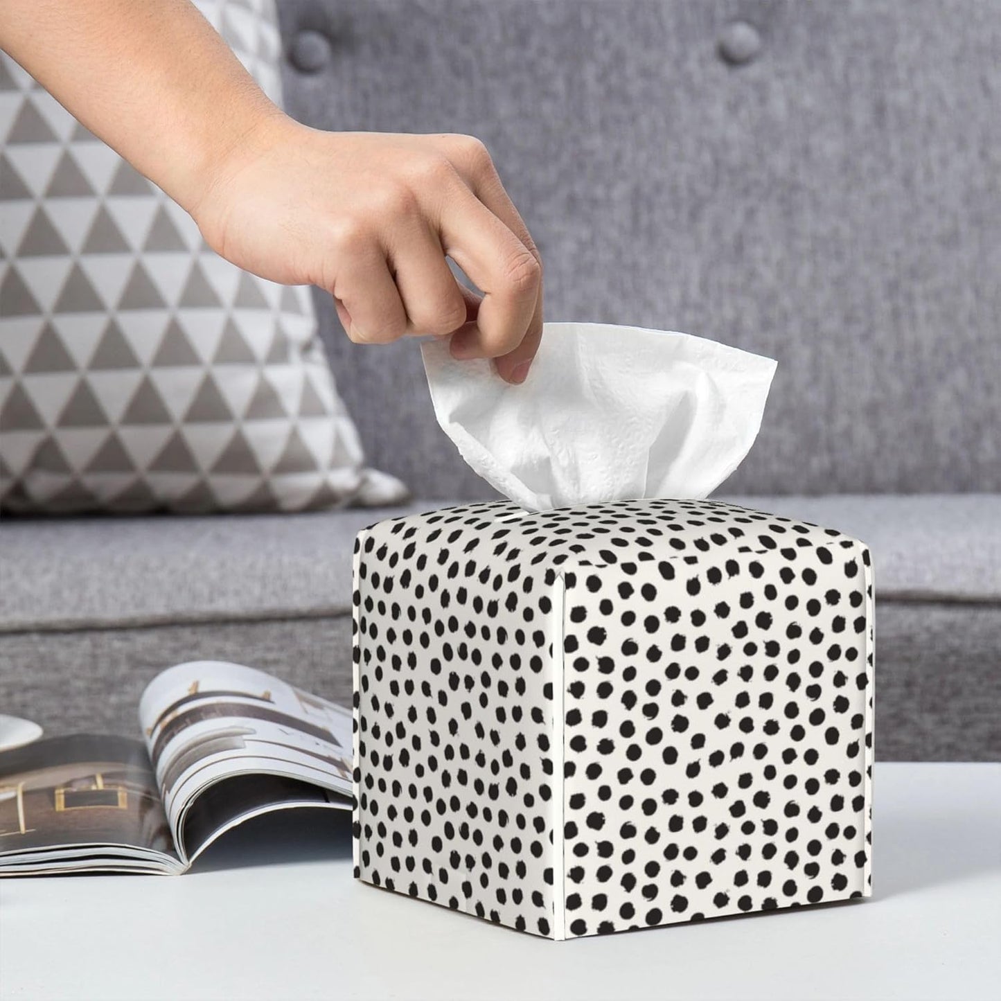 Polka Dot Black Circle Tissue Box Cover Square,Abstract Round Brush Strokes Tissue Box Holder Waterproof Leather Facial Paper Organizer Dispenser for Bathroom Home Car Nightstand Vanity Desk