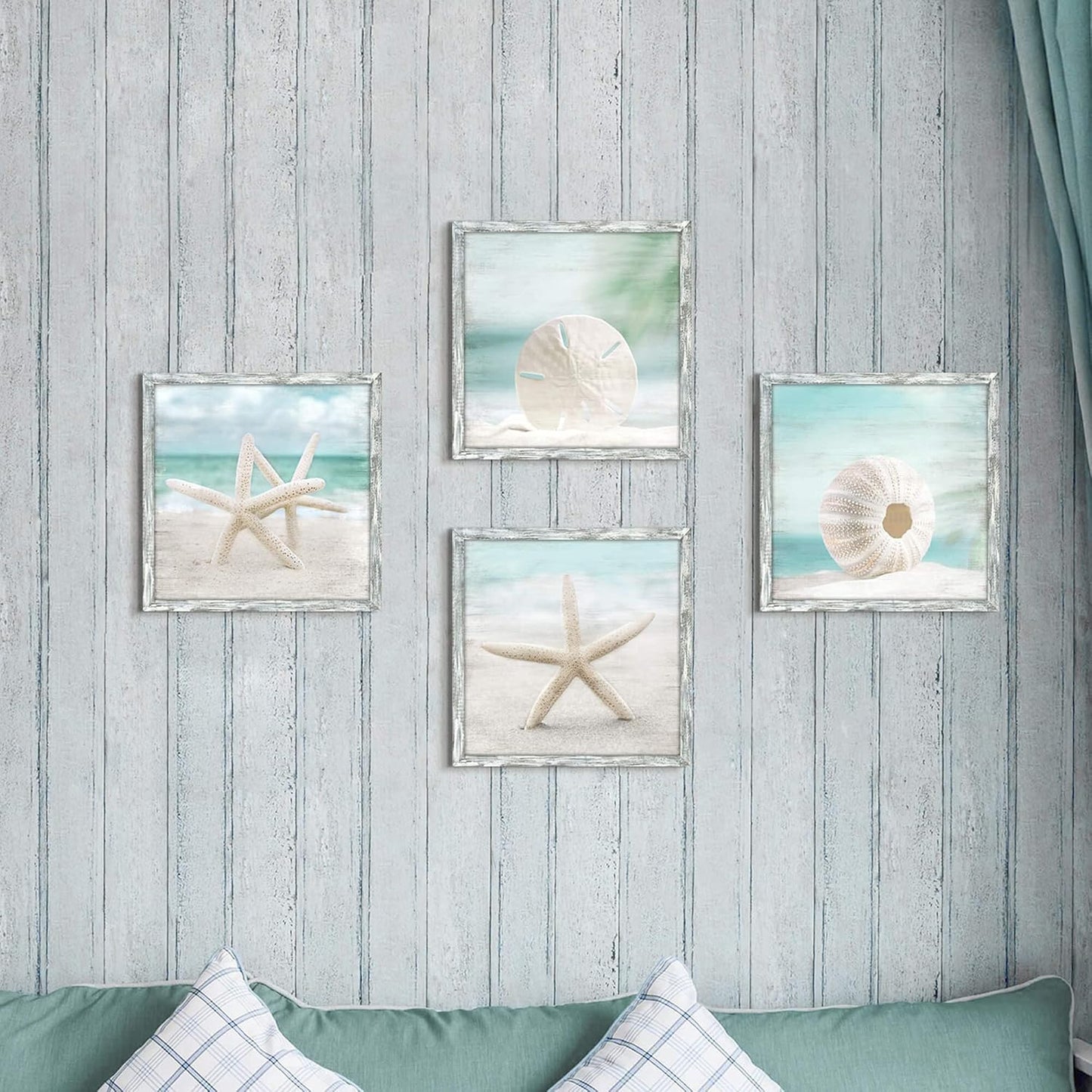 Beach Framed Wooden Wall Art: Ocean Artwork Set of 4 Starfish Seashell & Sand Dollar Pictures Prints Seascape Wall Decor for Bedroom