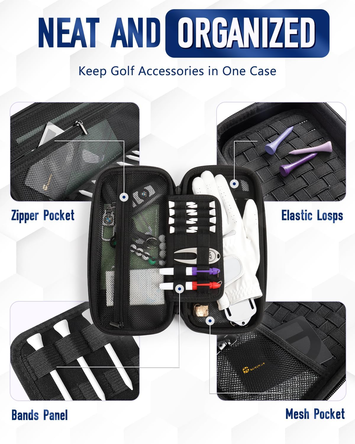 Odor-Absorbing Golf Glove Holder Case for Men Women with Glove Shaper - Fits Golf Club Bag, Golf Organizer Storage for Phone, Tees, Divot Tool, Ball Markers, Golf Gifts for Men Women