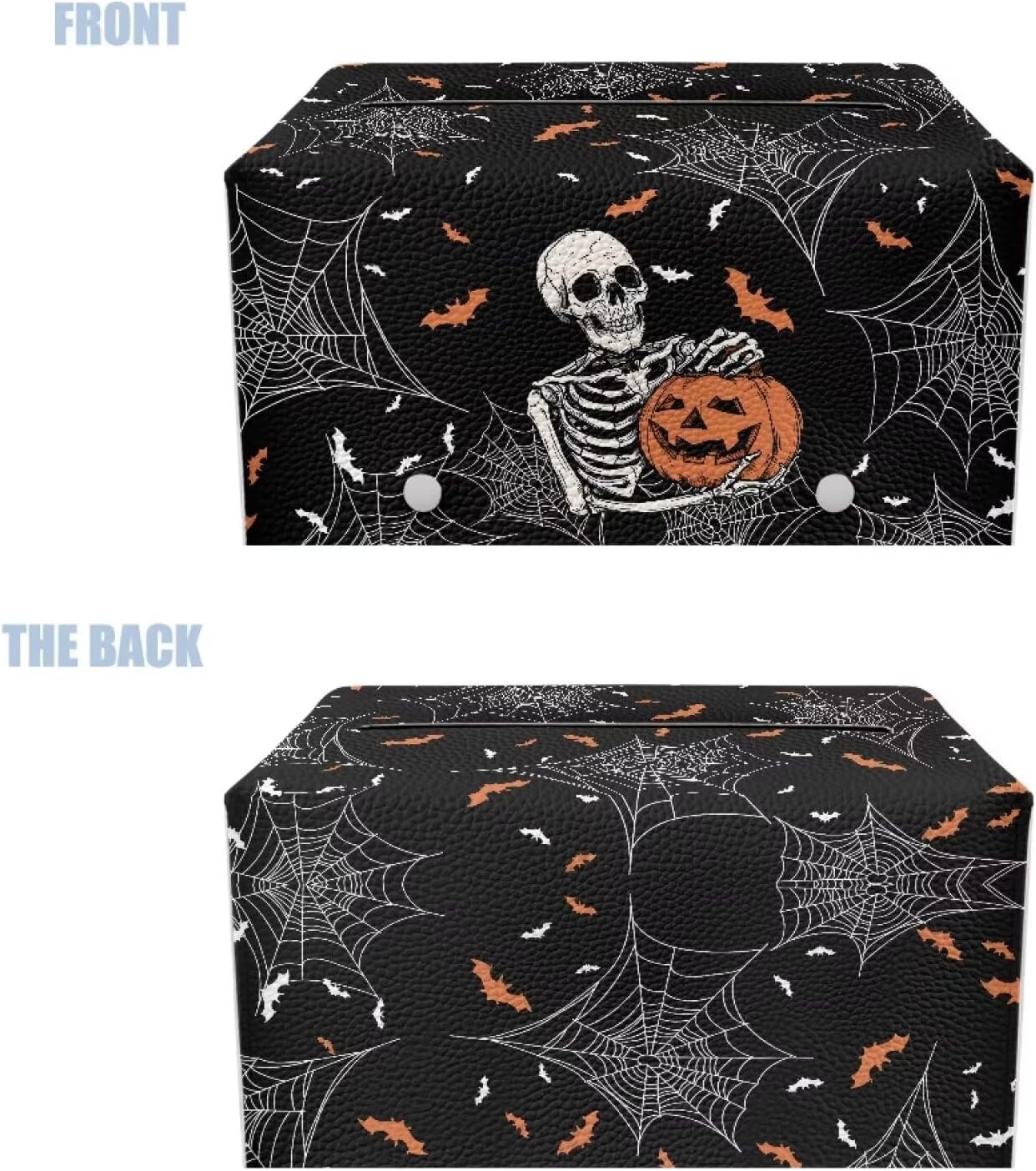 Halloween Rectangular Tissue Box Cover Skull Pumpkin Print PU Leather Tissue Cover Decorative Organizer with Bottom Belt Easy to Clean for Home, Car, Hotel, Office Tissue Holder