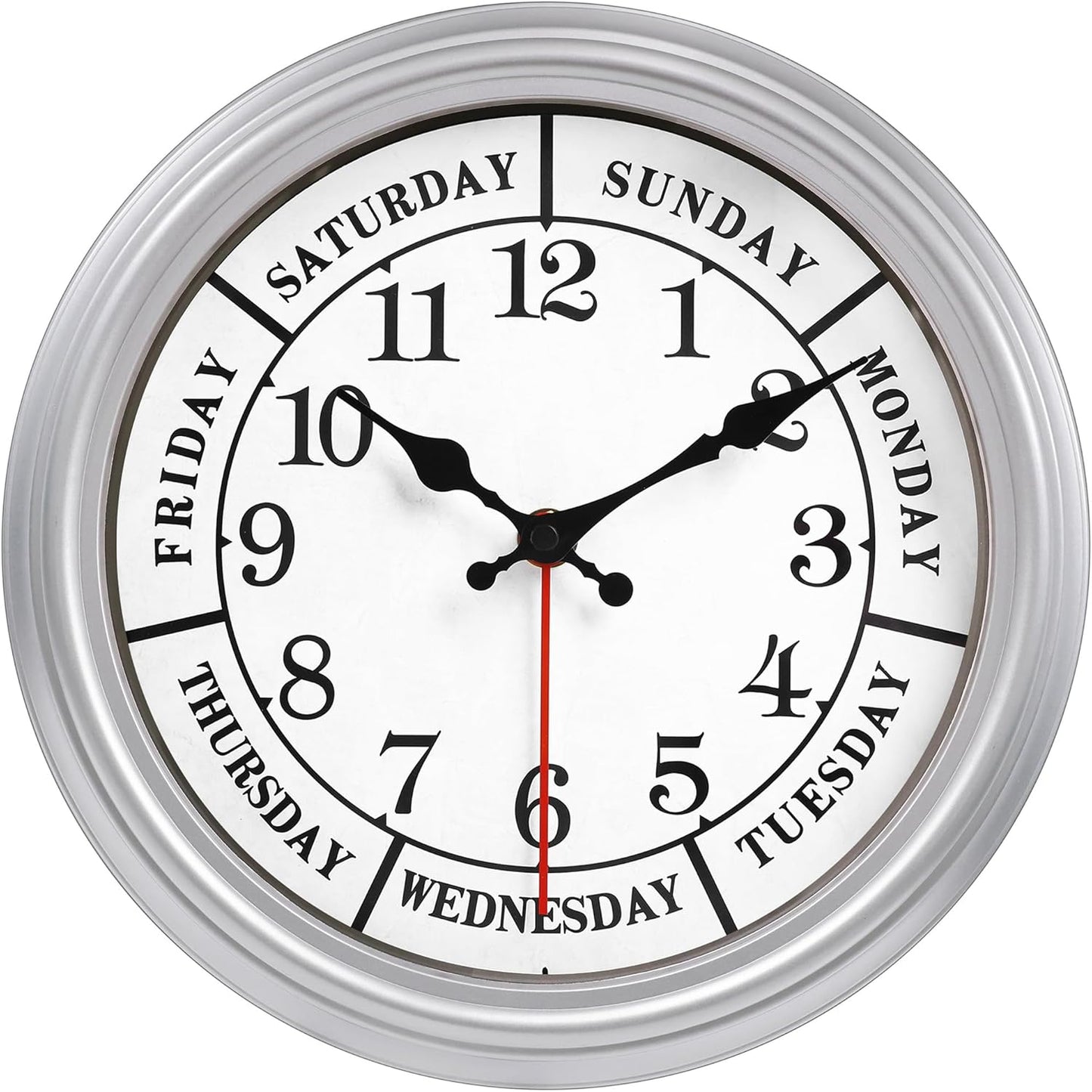JENLYSTIME 12 Inch Retro Wall Clock,Classic Day of The Week Wall Clock,Silent Non Ticking Battery Operated Movement(Silver)