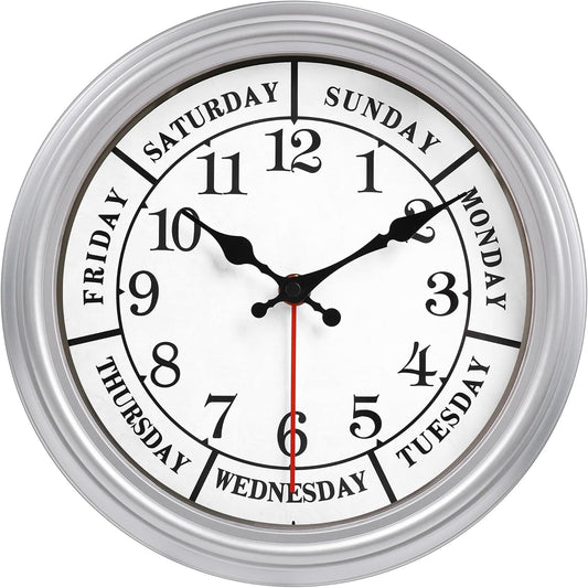 JENLYSTIME 12 Inch Retro Wall Clock,Classic Day of The Week Wall Clock,Silent Non Ticking Battery Operated Movement(Silver)