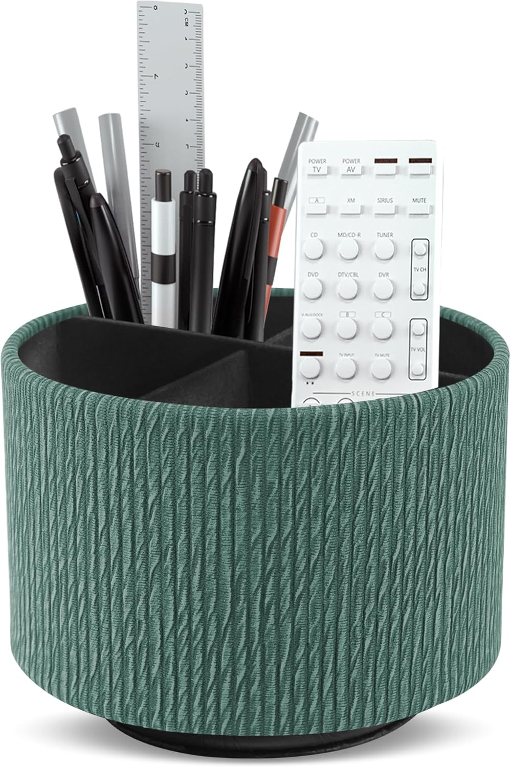 Hennaja Round Leather Art Supply Organizer,Remote Control Holder,360 Degree Spinning,Multi-Functional Pencil Holder,4 Compartments Desktop Stationary Organizer(1-Wood Green)