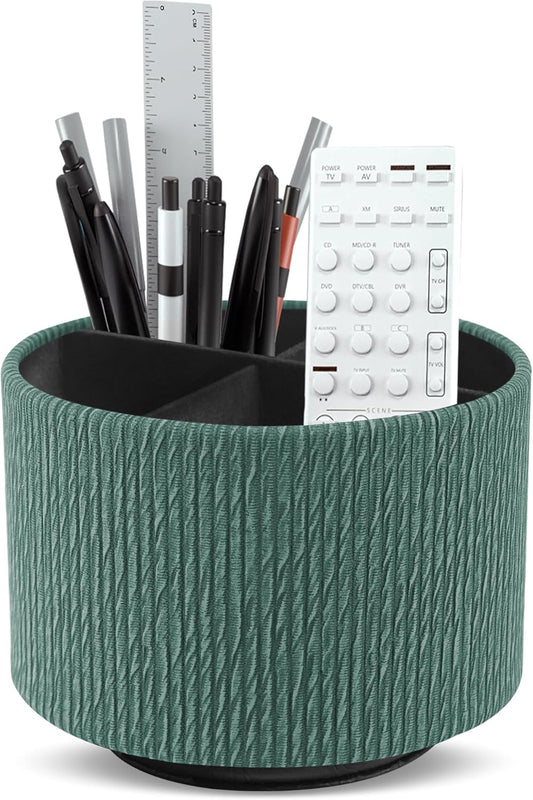 Hennaja Round Leather Art Supply Organizer,Remote Control Holder,360 Degree Spinning,Multi-Functional Pencil Holder,4 Compartments Desktop Stationary Organizer(1-Wood Green)