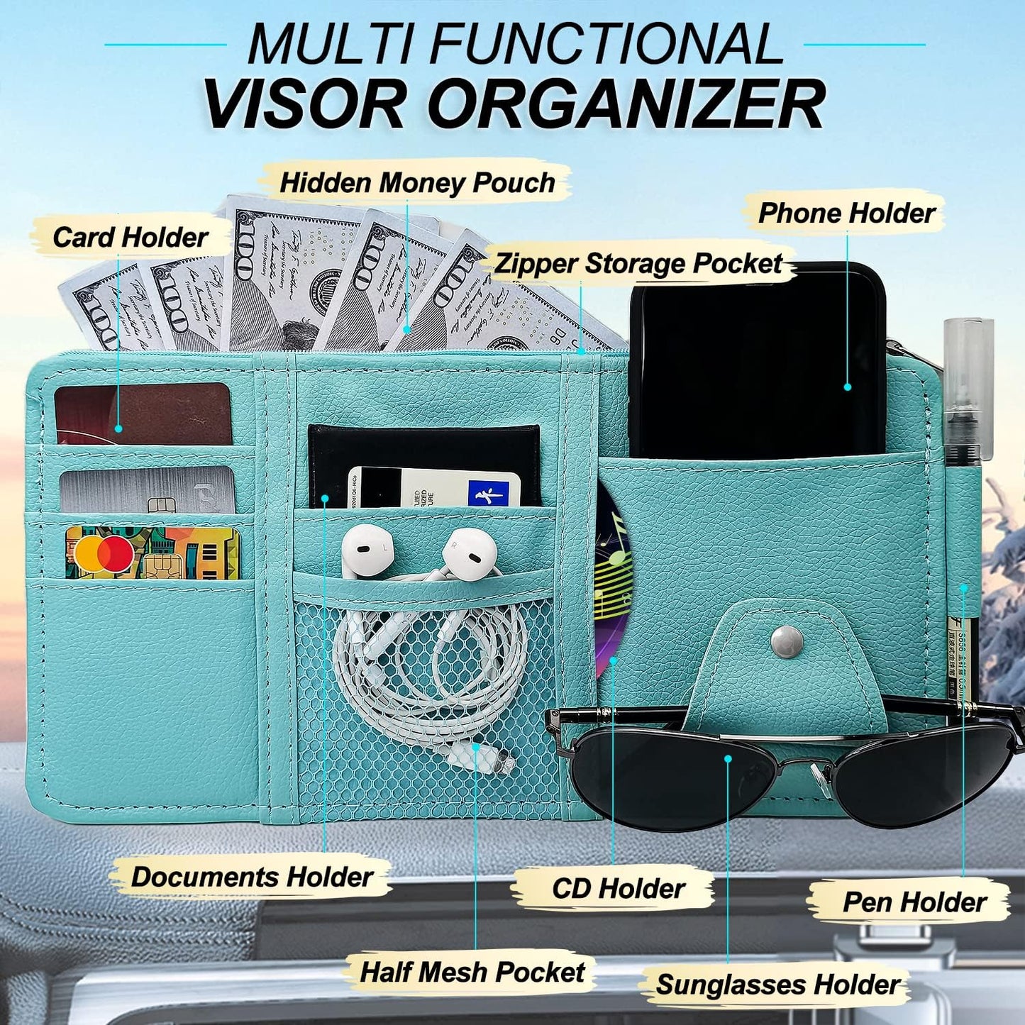 Keedolla Blue Car Sun Visor Organizer, Auto Car Sun Visor Gift Card Holder Storage Organizer Travel Document Holder with Zipper Pocket for Sedan, Trucks, SUV