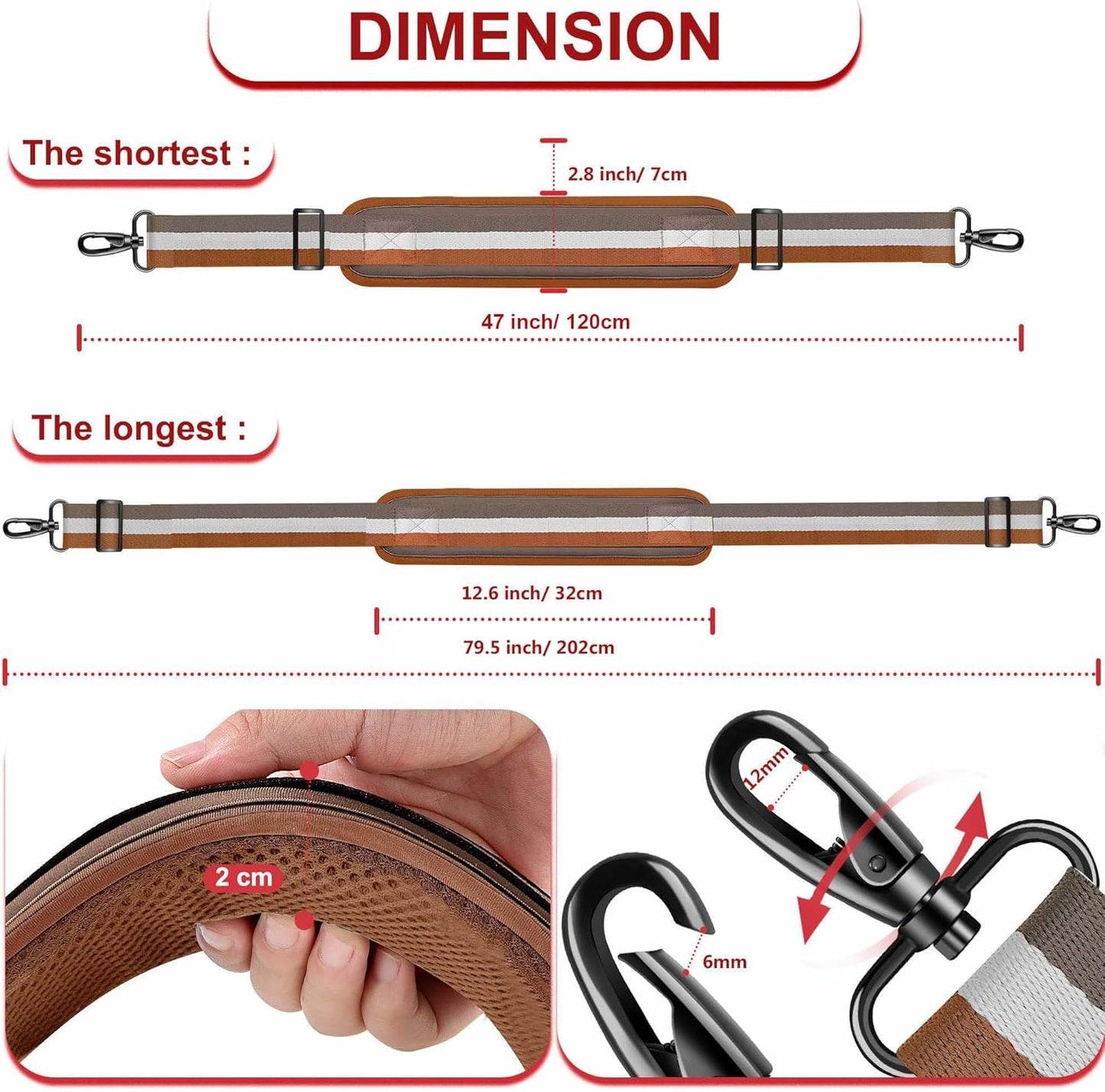 ZINZ 79.5" Universal Strap with Ultra-Thick Fixed Breathable Pad - Adjustable Heavy-Duty Shoulder Strap for Laptop, Crossbody, Luggage, Gym, Camera Bag and More - TW01B07