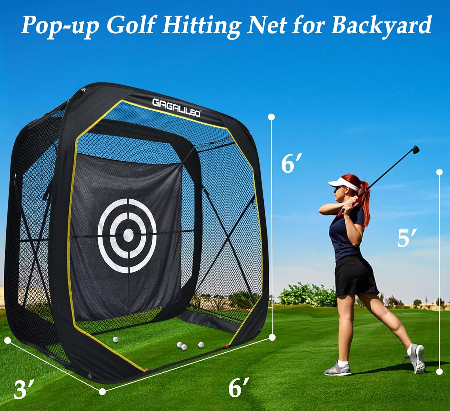 Gagalileo Golf Pop-Up Hitting Cage: Practice Net with Target Portable Backyard Garage Training for Driving Chipping Swing Beginners & Golf Enthusiasts